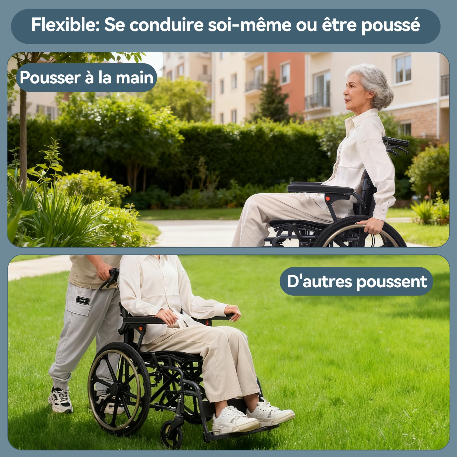 M4 Fauteuil roulant pliable léger avec double rembourrage d'assise, roues avant absorbant les chocs, cadre en aluminium léger, accoudoirs amovibles, pneus en caoutchouc sans entretien