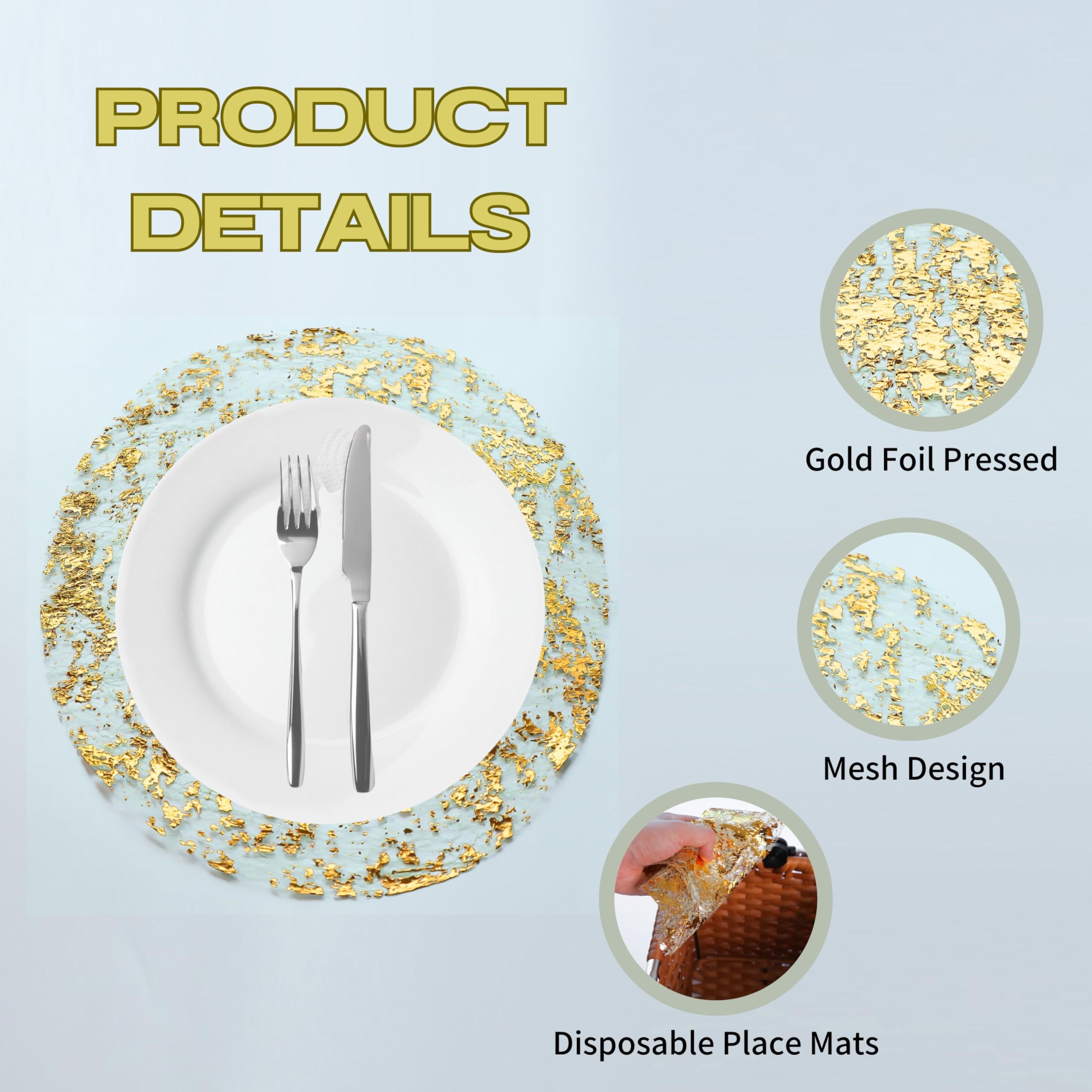 Snowkingdom Paquete de 100 manteles individuales desechables dorados de malla de aluminio de 13 pulgadas, redondos, prensados, juego de 100 tapetes dorados para mesa de comedor, boda, fiesta de