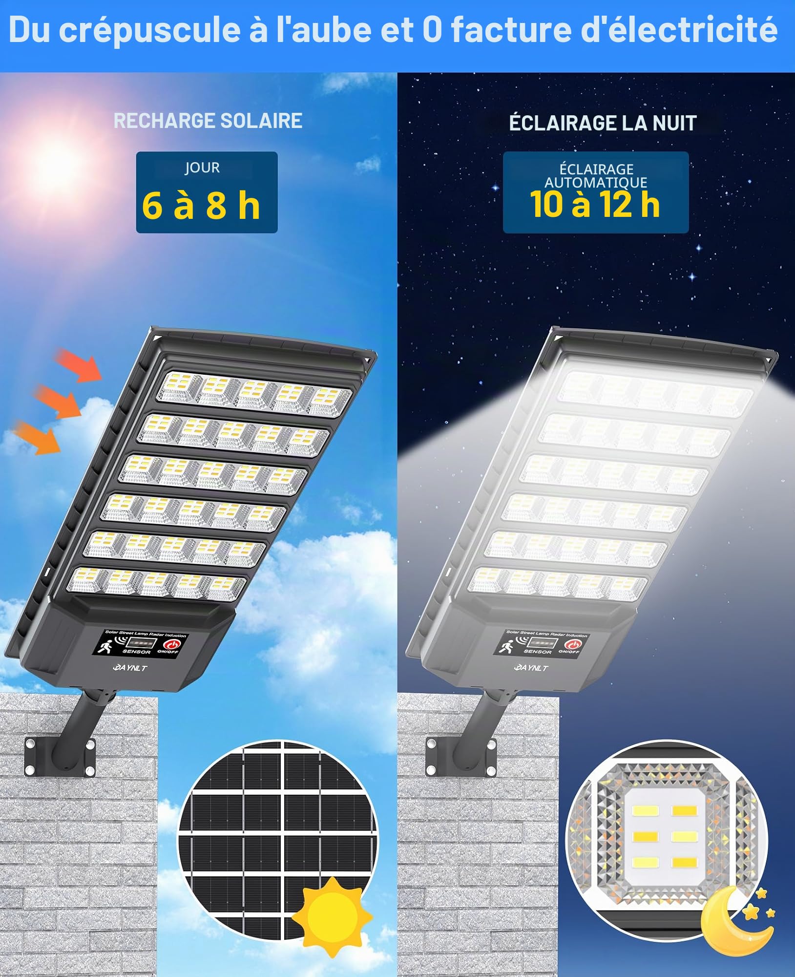 JAYNLT Lampadaire Solaire Exterieur, 6500K Lampe solaire Extérieure avec Télécommande, IP66 Étanche Projecteur avec Detecteur de Mouvement, Lumière Solaire pour Rue, Garage, Parking-2 Pack