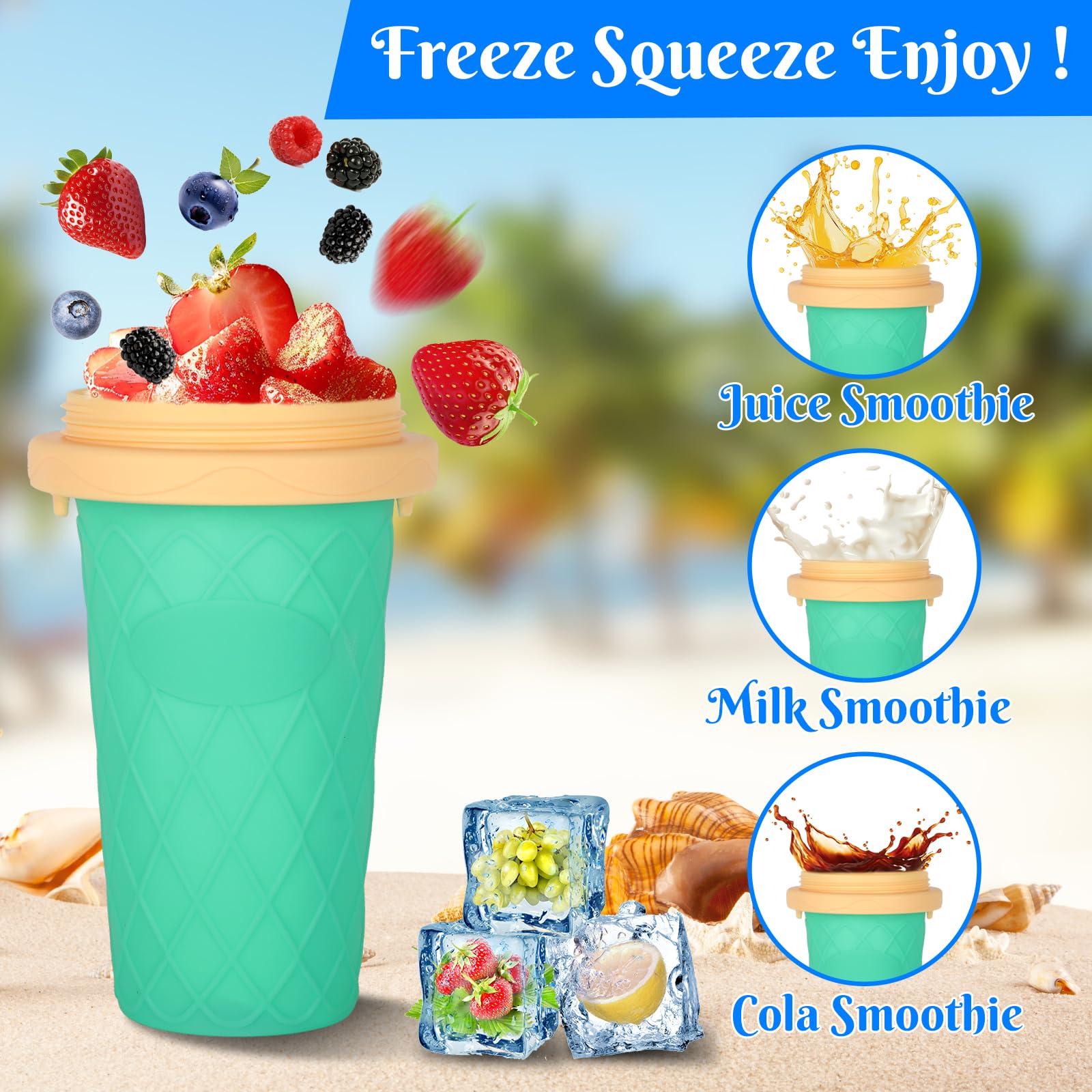 Silikonowy kubek do slushy typu "zrób to sam", ze słomką i łyżeczką 2 w 1, kubek do ugniatania smoothie pinch Ice Cup, "zrób to sam", jasnozielony