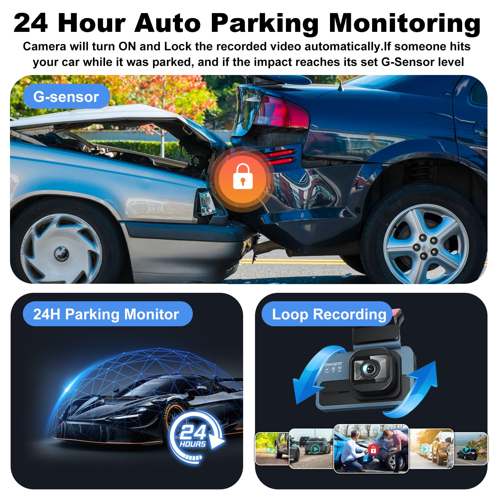 Cámara de salpicadero delantera y trasera, cámara dual para coche 4K, 5 GHz, WiFi GPS, pantalla táctil IPS de 3 pulgadas, 64 GB, visión nocturna, gran angular de 170°, modo de estacionamiento 24H