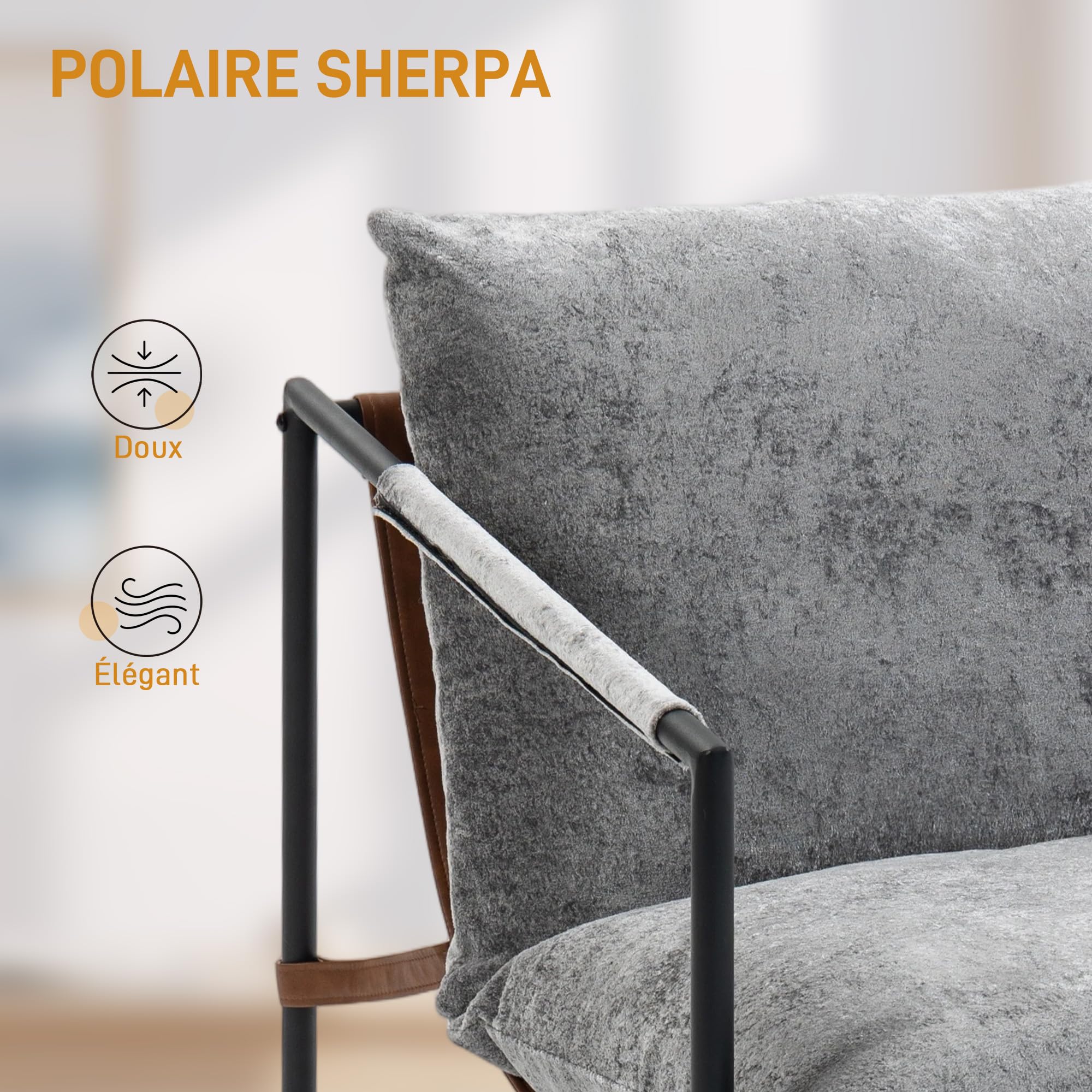 HOMCOM Fauteuil Salon, Fauteuil d'Appoint Rembourré en Tissu Bouclette avec Large Assise et Structure en Acier, Chaise de Salon, Chambre, Coin Lecture, Gris Clair