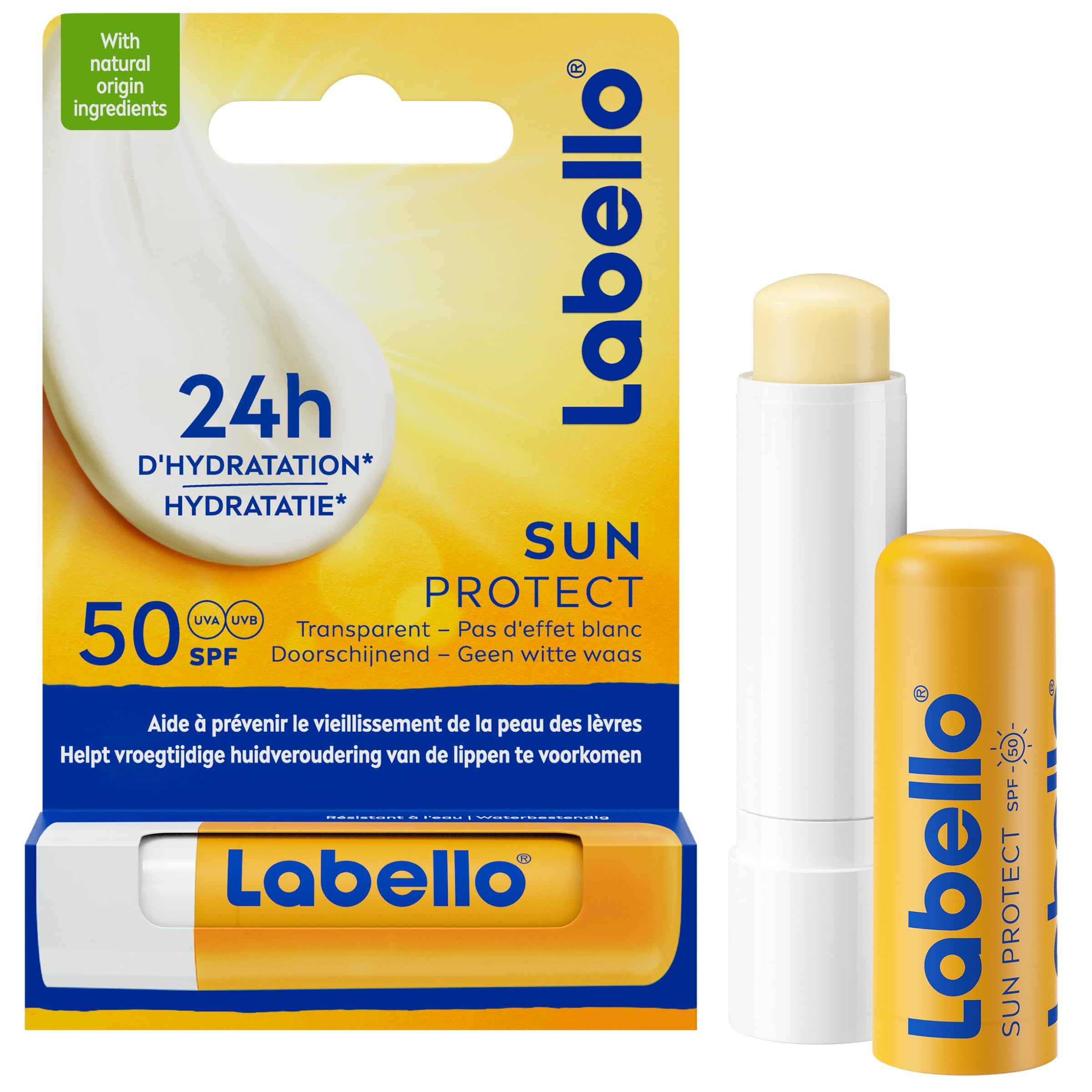 LABELLO Sun ProtectProtection Solaire FPS 50 (1 x 5,5 ml), stick labbra protezione UVA/UVB e idratazione 24 ore, balsamo per labbra al burro di karitè e oli naturali arricchiti con vitamine C & E