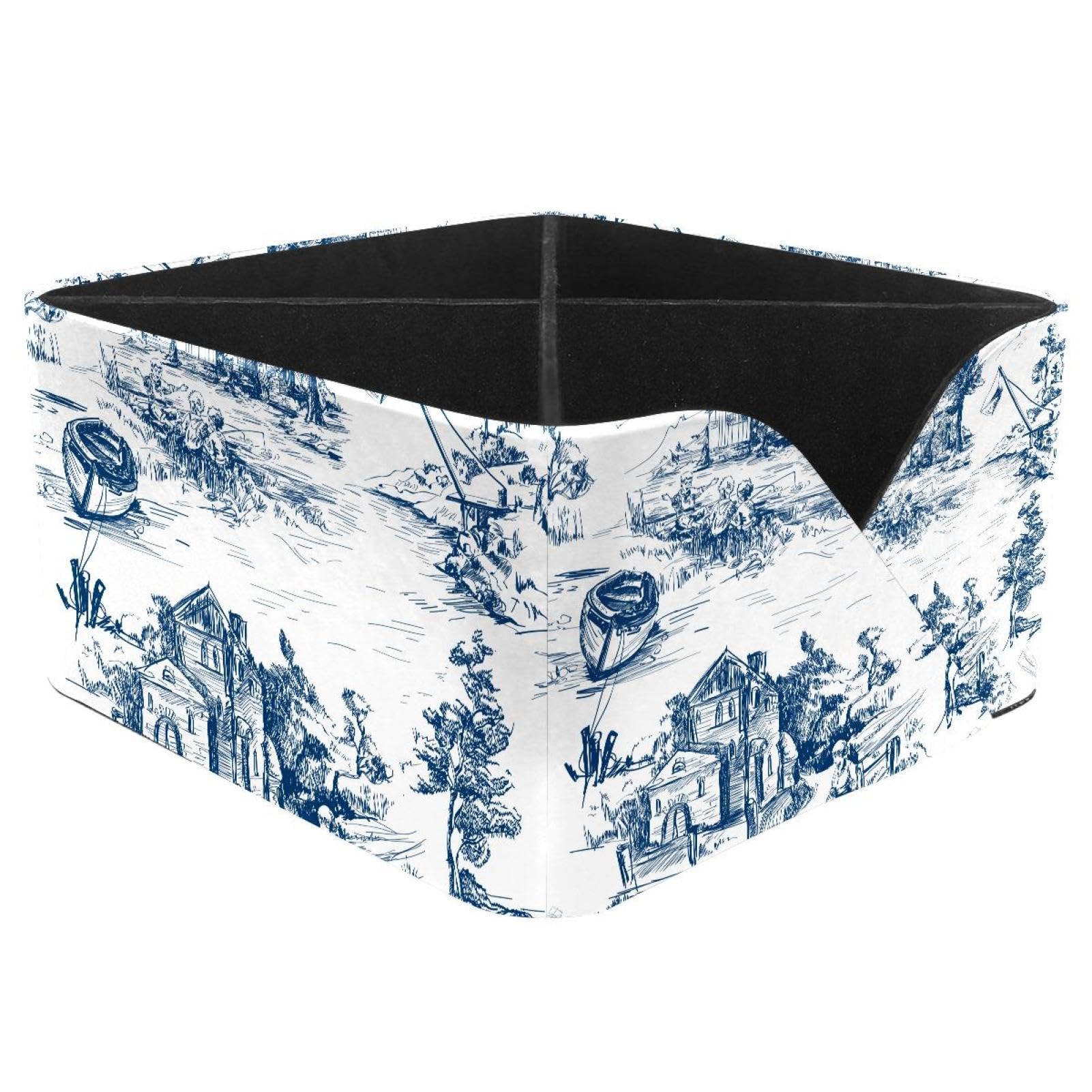 KengjuTesu Old Town Village Fishing Scenes White and Blue Color Desktop Organizer Pen Holder, Rectangular Pencil Cup for Office, Study and Makeup Stations