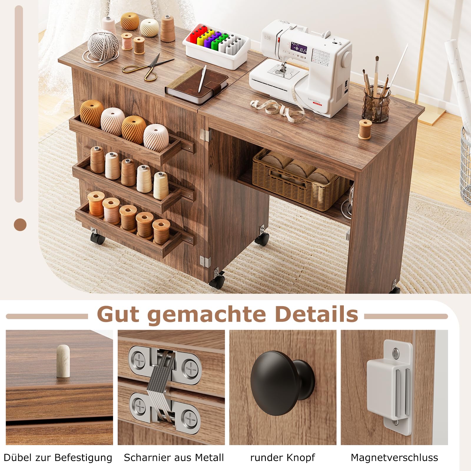 GIANTEX Nähtisch klappbar, Nähmaschinentisch auf Rollen, Nähtisch für Nähmaschine, Nähschrank Holz, Mehrzwecktisch für Wohnzimmer Arbeitszimmer Schlafzimmer (braun)