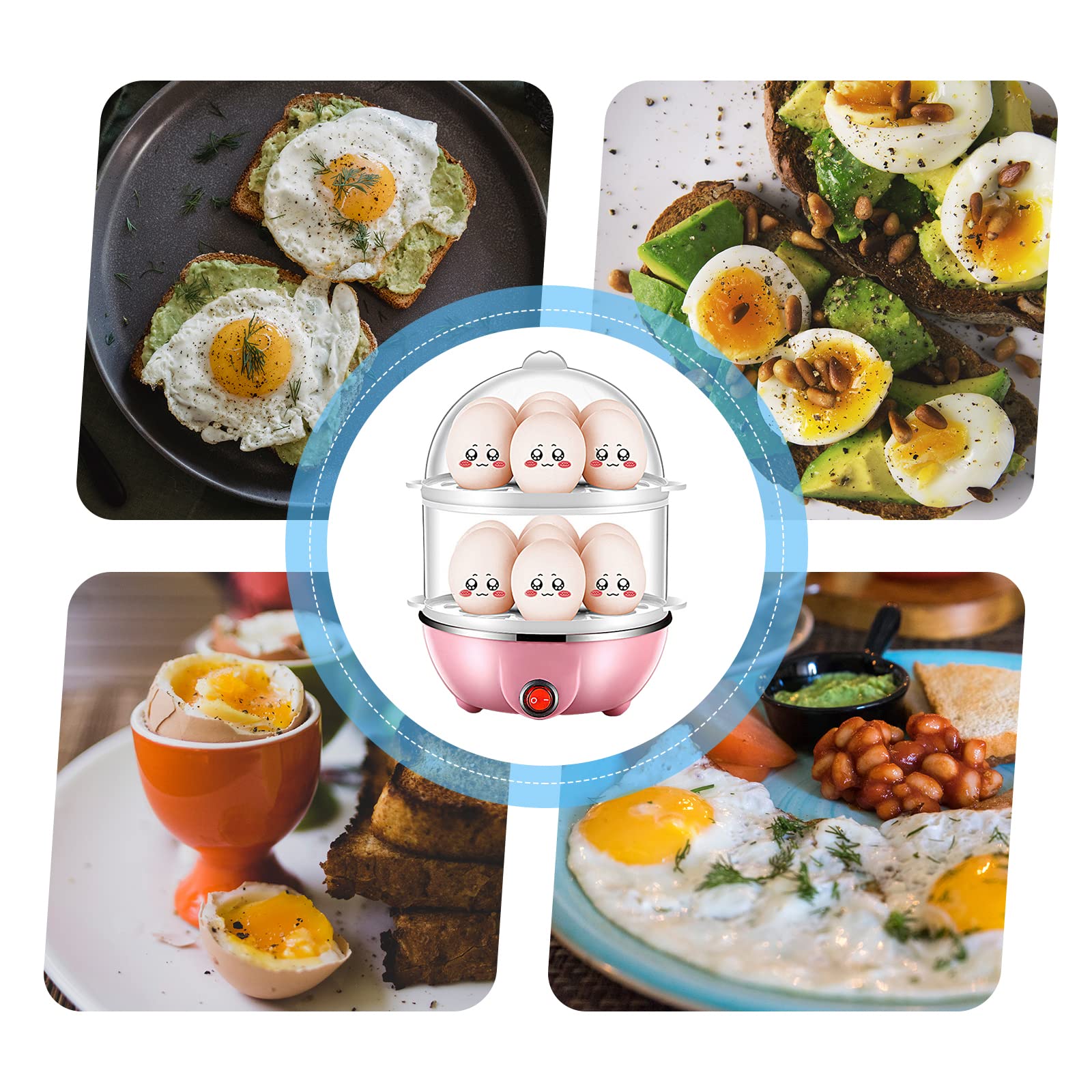 YUHOME Double Layer Egg Cooker 14 Egg Capacity Hard Boiled Egg Cooker Anti-dry Electric Egg Boiler with 40mL Measuring Cup Steam Vegetables, Pink