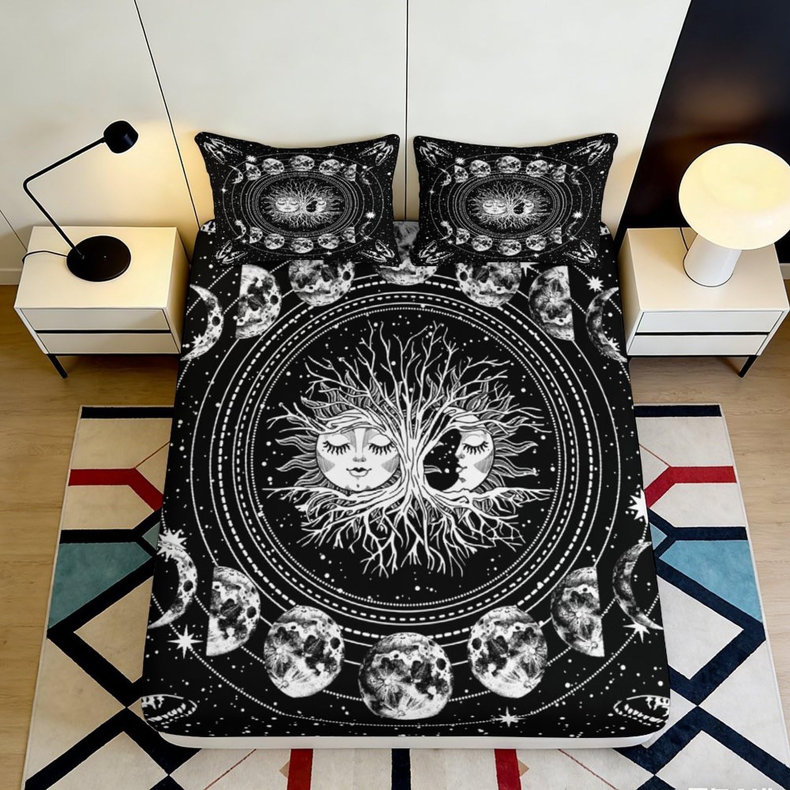 3D Printed Tree of Life Fitted Sheet Microfiber Black Moon Phase Bed Cover for Bedroom Guest Room Decor Easy Care 90x200x25cm