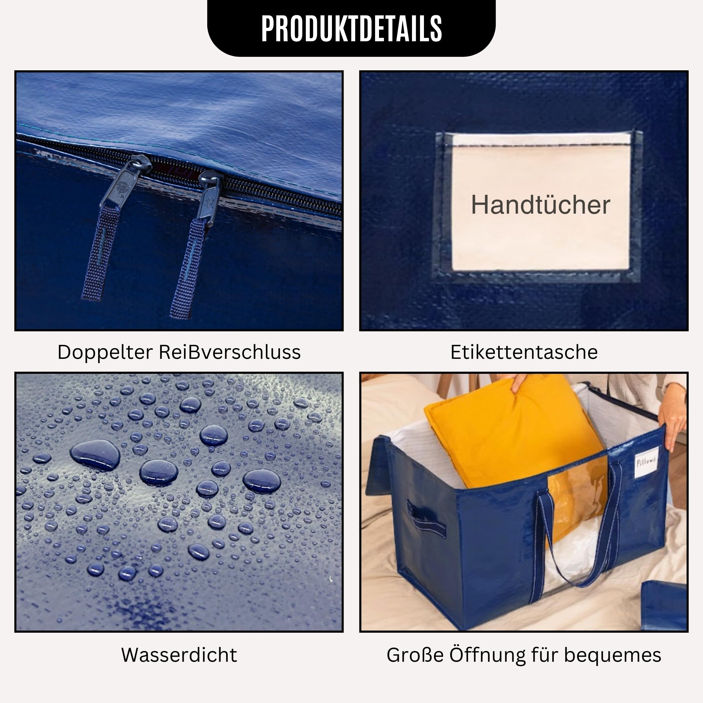 2 Umzugstaschen, 125 Liter – Wasserdicht, Mit Stabilen Griffen & Reißverschluss, Platzsparend Faltbar, Blau
