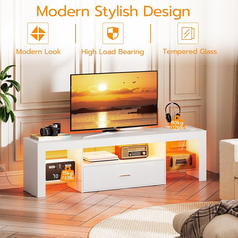 HOOBRO LED TV Stand with Power Outlets to 65 inch TV, Gaming Entertainment Center with Glass Shelves and Large Drawer, Modern Media TV Console Table for Living Room Bedroom, White WT14UDDS01 image 4