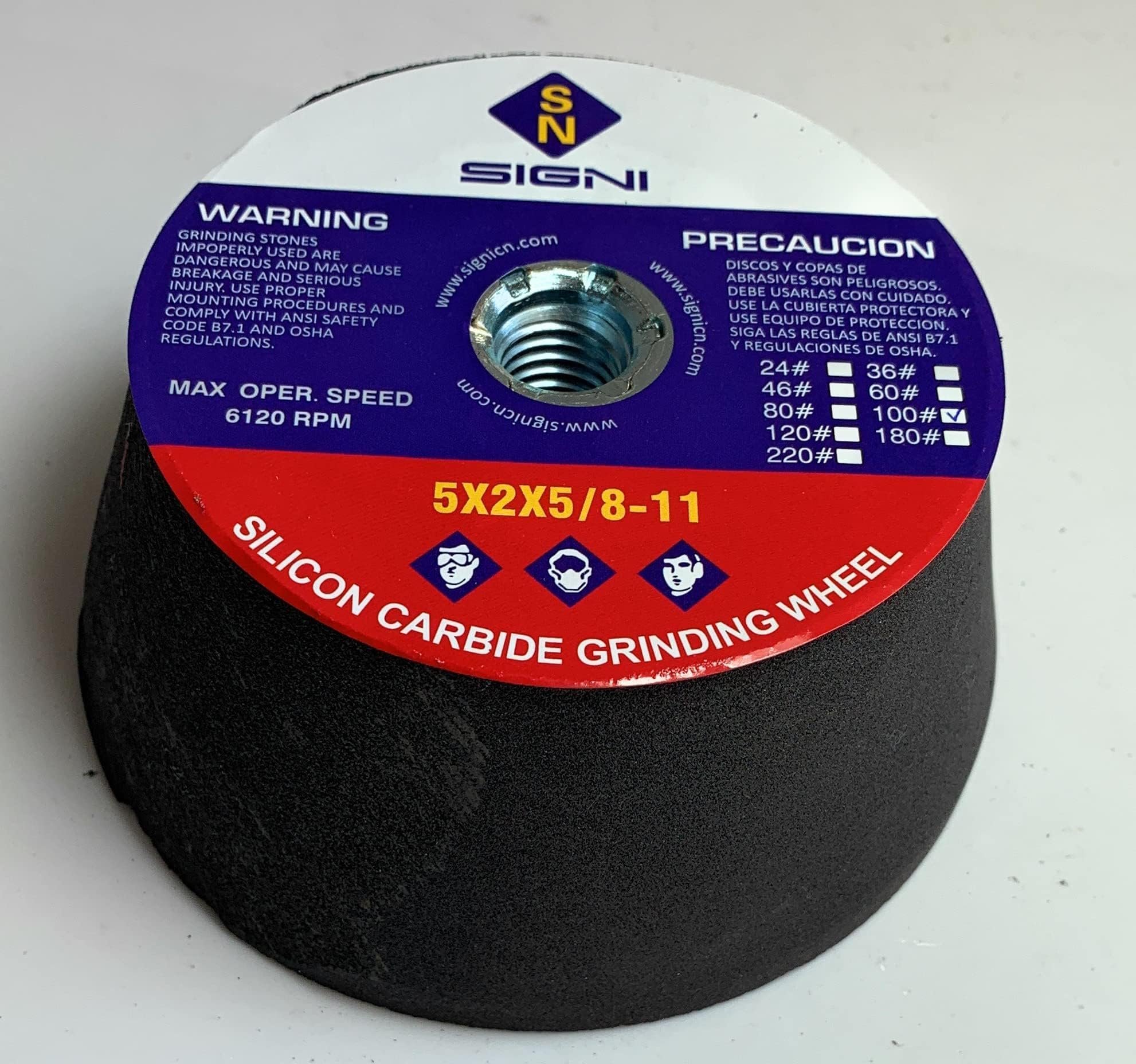 Piedra de molienda de copa con rosca de árbol para moler granito 5X2X5/8-11 (paquete de 1) (SiC negro, grano 100)