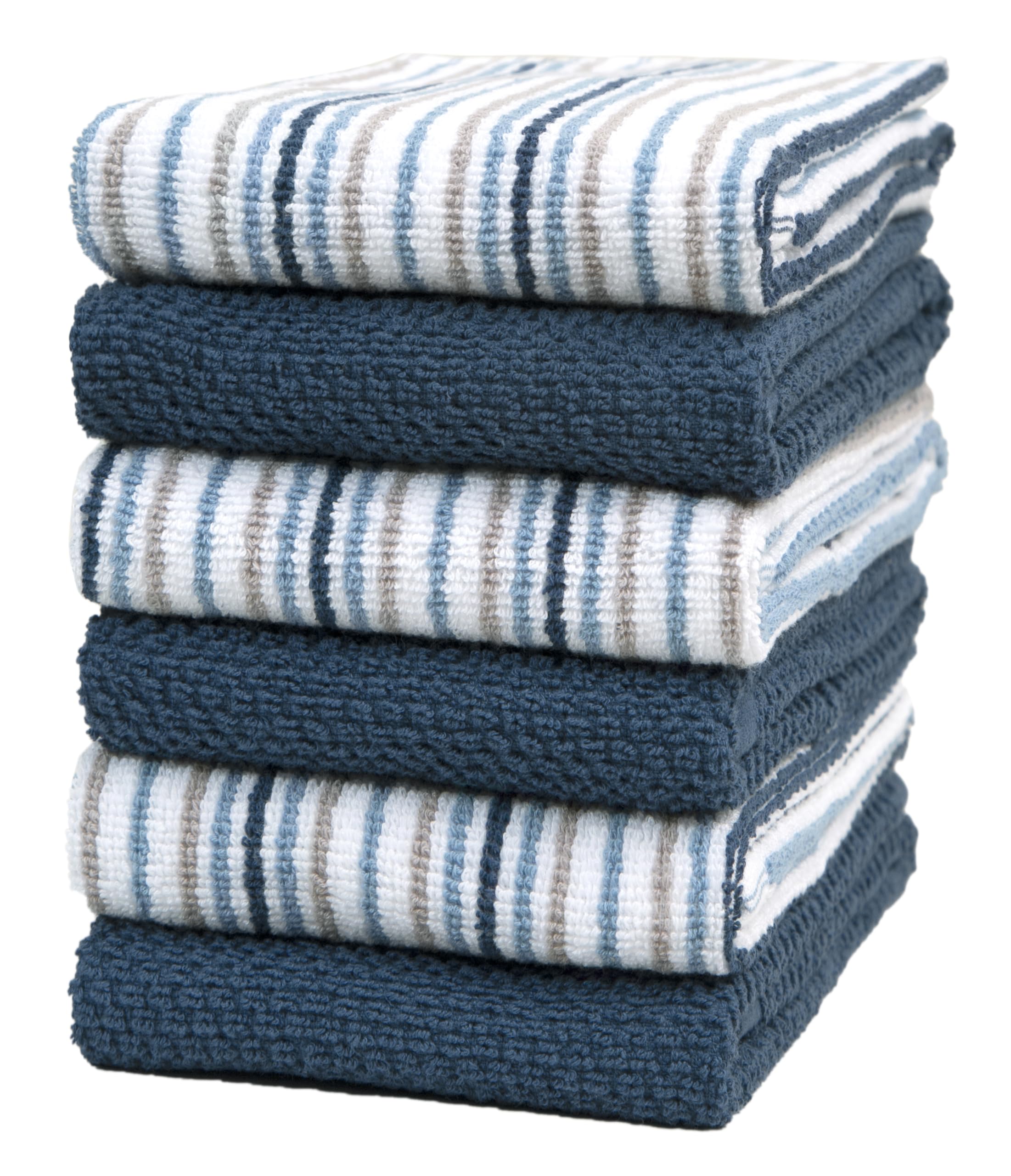Kitchen Towels 16”x 26” - 6 Pack | Large Cotton Kitchen Hand Towels | Dish Towels | Popcorn Stripe Design | 430 GSM Highly Absorbent Tea Towels Set with Hanging Loop | Dish Towels for Kitchen | Blue