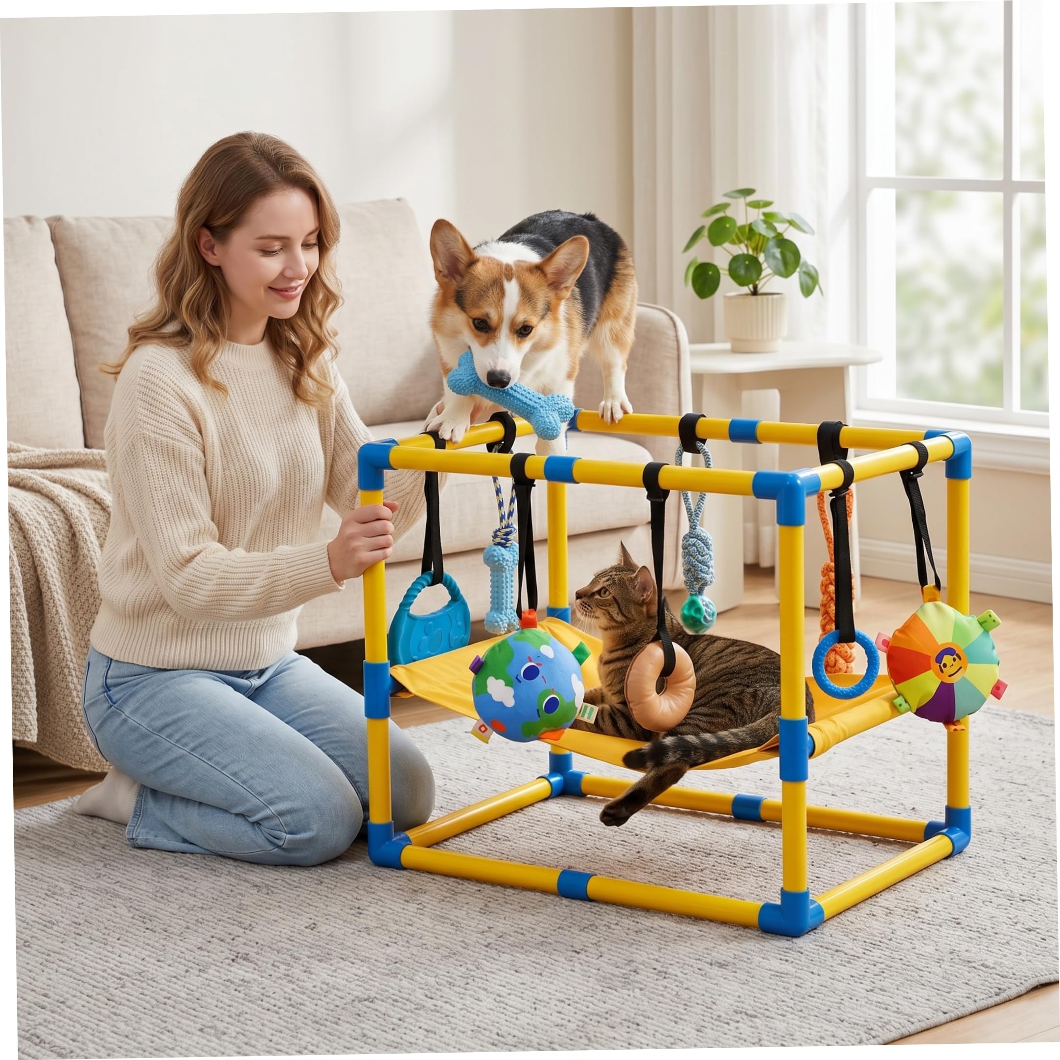 Salle de Jeu pour Chiots, Salle de Jeux pour Chiens avec Jouets Suspendus et hamac, Aire Jeux Robuste pour Chiots en PVC, Jouets interactifs pour activités pour Chiens, 23, 62 × 15, 75 × 16, 93 Pouce