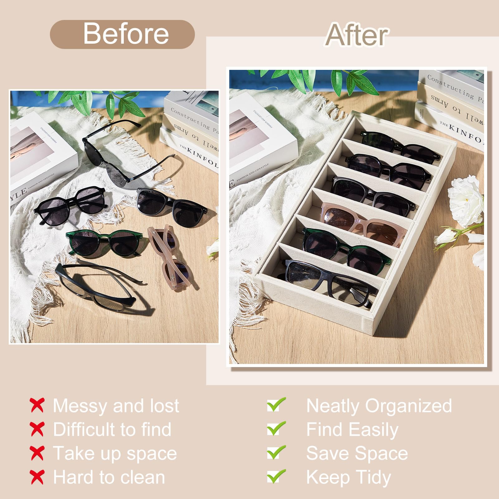 Beige Velvet Sunglasses & Jewelry Organizer Tray – Large Display Box With Glass Lid (13.8" X 9.6" X 1.6")