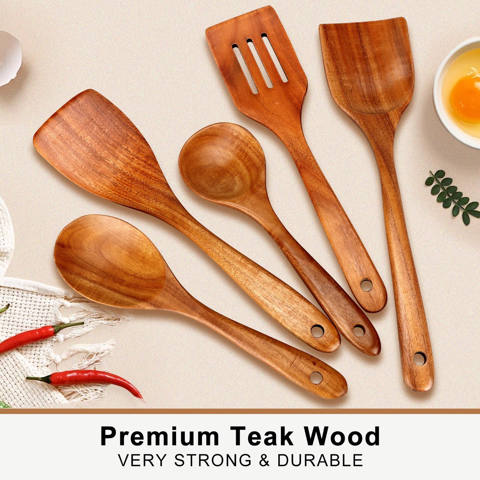 Küchenutensilien-Set aus Holz, 5-teilig, Teakholz, kratzfeste und ungiftige Kochutensilien mit Pfannenwender, Schlitzspatel, abgewinkeltem Spatel, Servierlöffel, Salatlöffel
