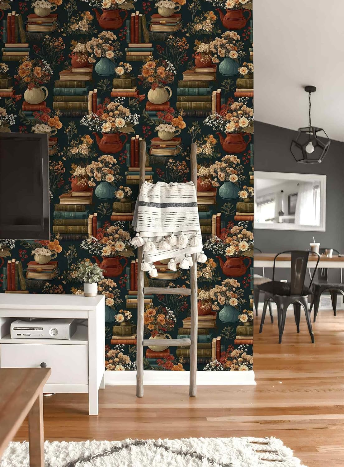 Vintage Book & Floral Peel and Stick Wallpaper, Rustic Library Pattern Wallpaper (Red Black Gray) for Home Decor Renter Friendly | 17.7" x 118", Self-Adhesive, Waterproof Vinyl