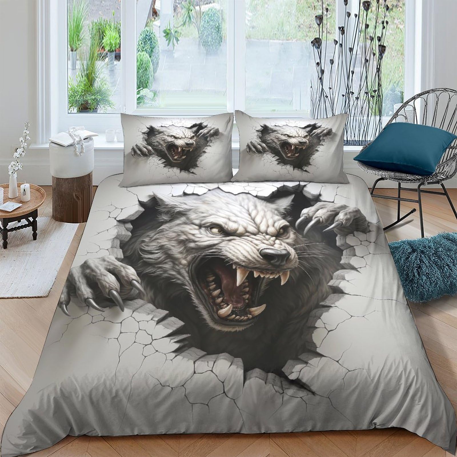 Housse de couette loup hypoallergénique en microfibre douce anti-glissement pour lit ado