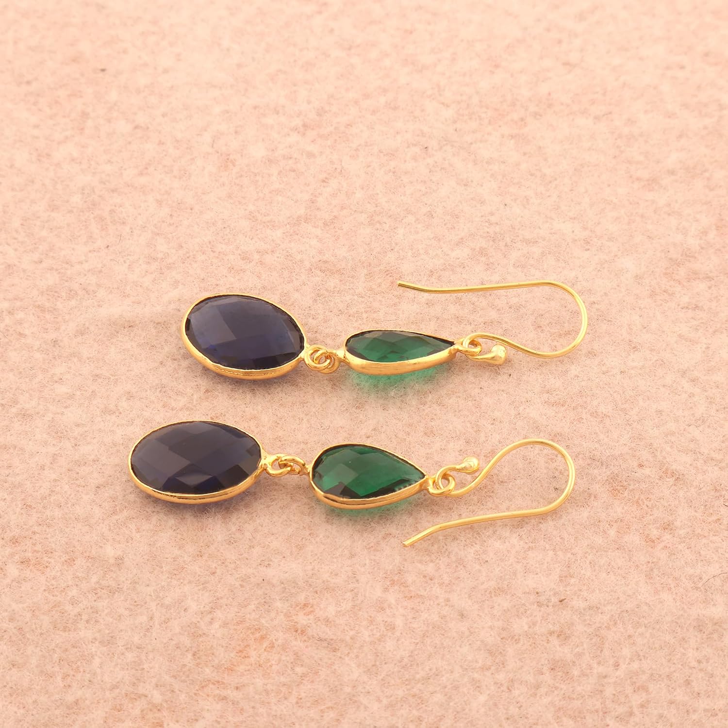 Guntaas Gems Green Quartz & Iolite Quartz Earring Bezel Setting Brass Gold Plated Handmade Drop & Dangle Earring..
