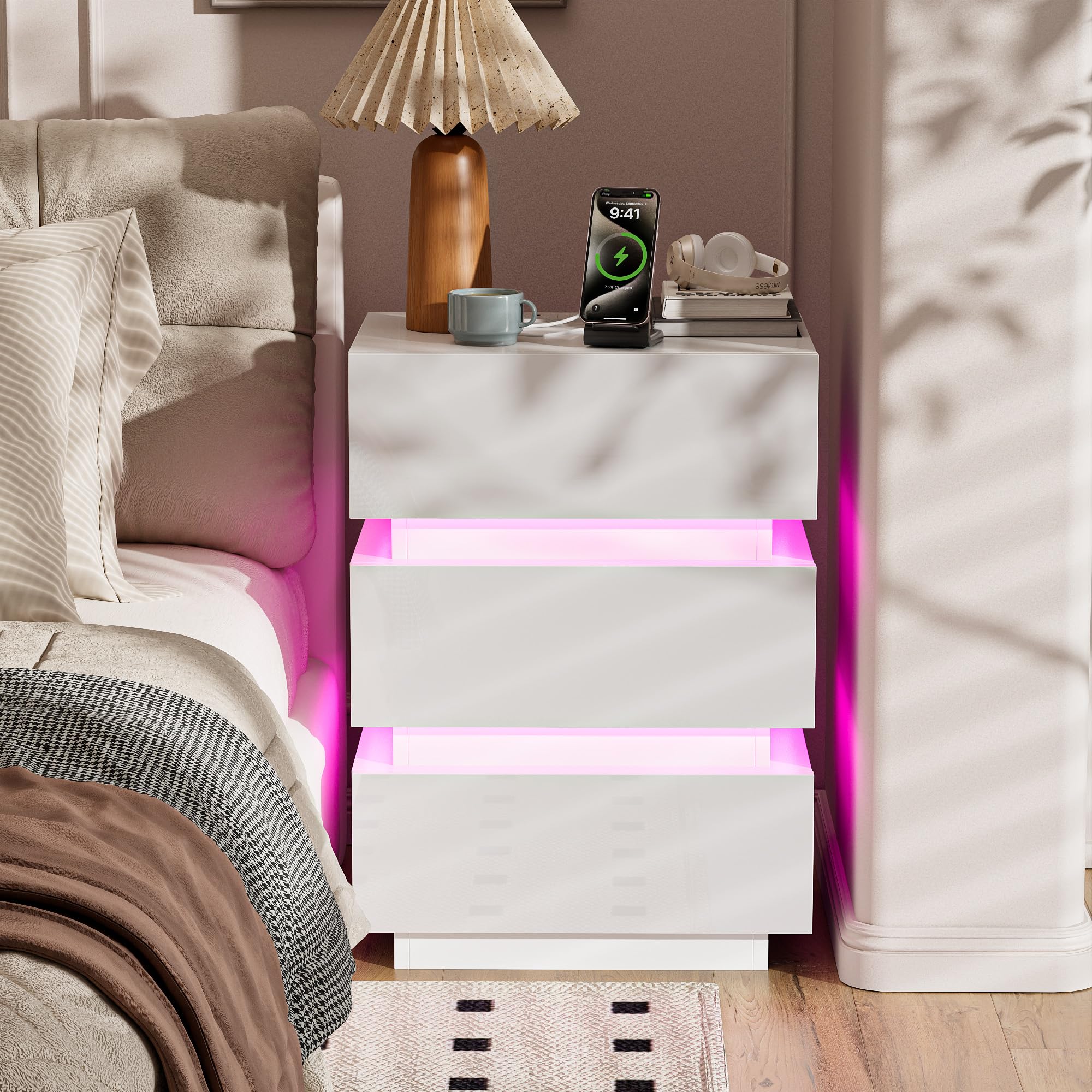 Ztexkee LED Bedside Table with Power Socket 45x35x62 cm Big Nightstand with RGB light End Table 3 drawers Cabinet for Bedroom Living Room White — image 1