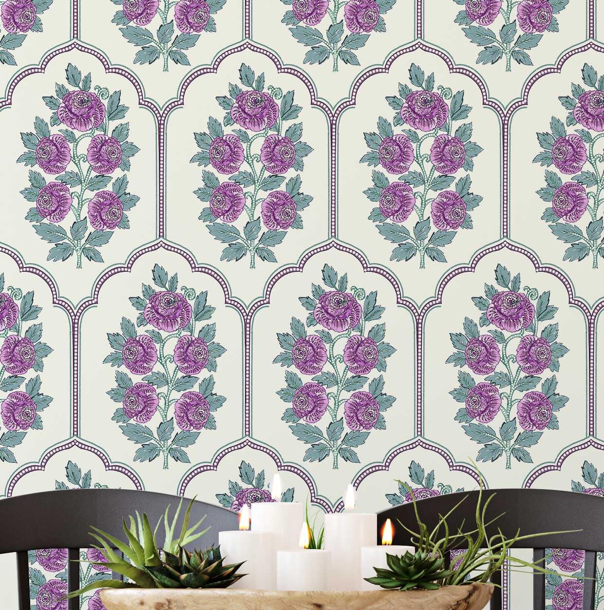 Papel tapiz extraíble morado con vinilo autoadhesivo de pared floral