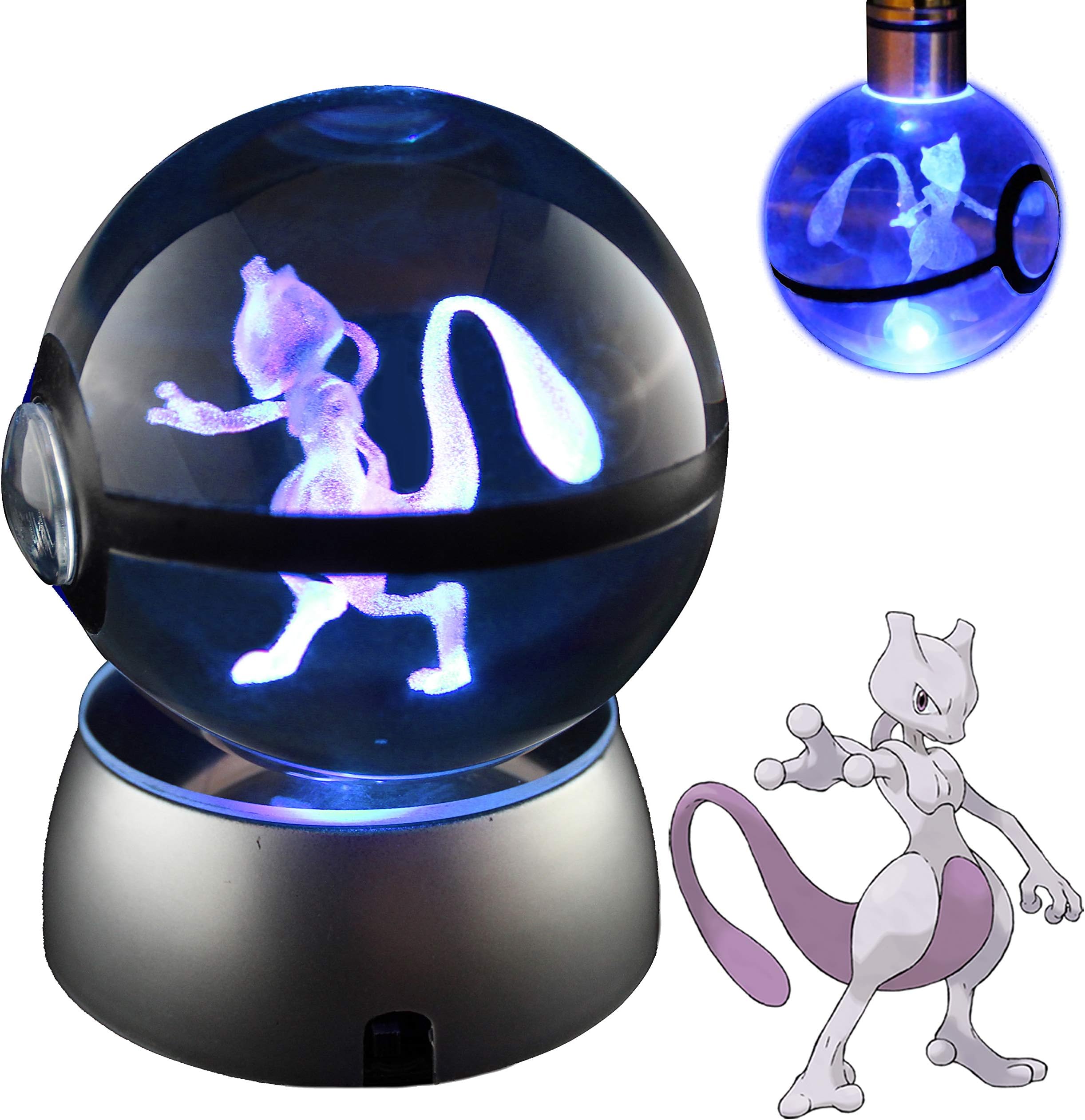 COOLINKO 3D Crystal Ball LED Night Light with LED Keychain Laser Engraving (Mewtwo)