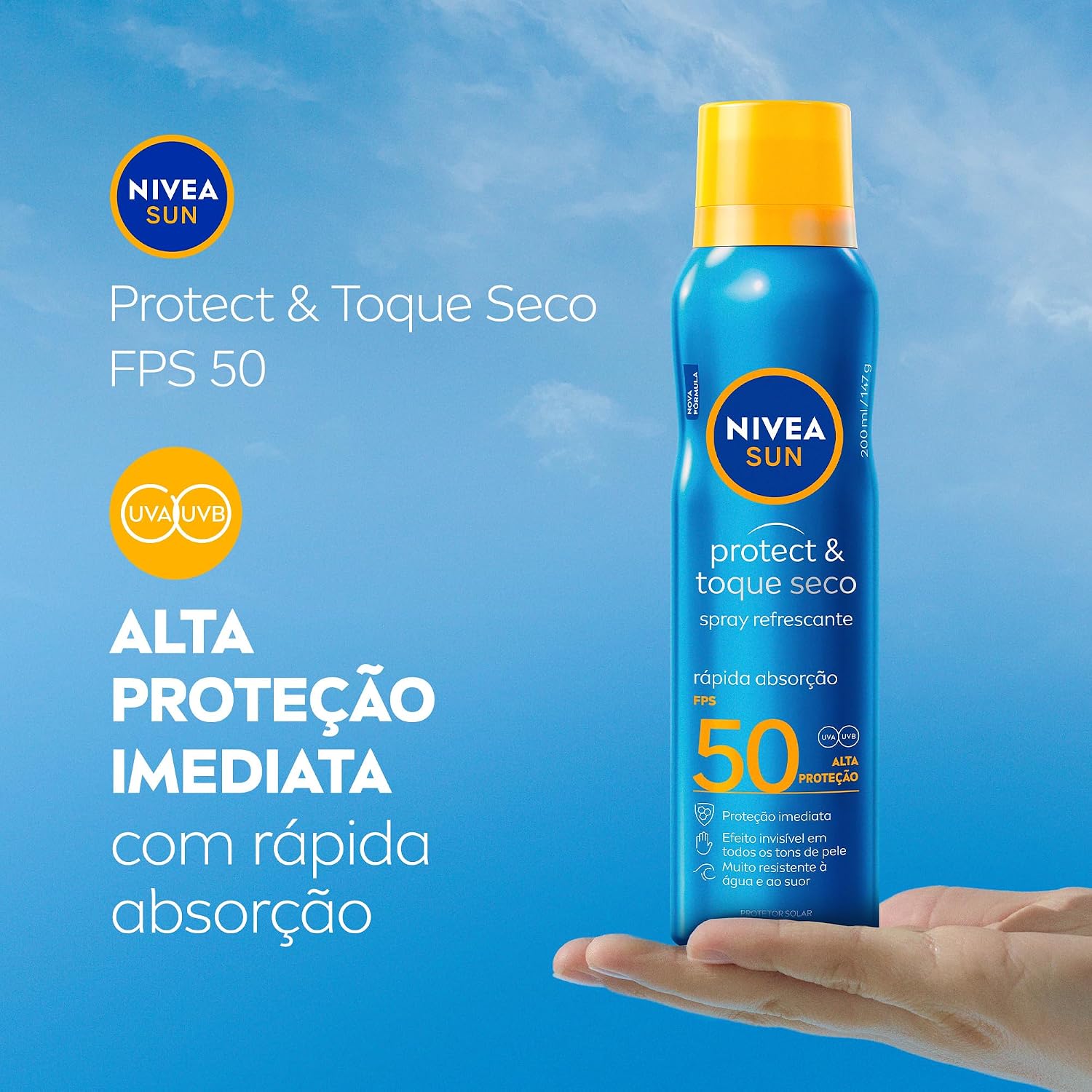 NIVEA SUN Protetor Solar Spray Protect & Toque Seco FPS 50 200ml - FPS 50, sensação refrescante na pele, rápida absorção, não oleoso, alta proteção UVA/UVB, muito resistente à água, embalagem spray NIVEA SUN Protetor Solar Spray Protect & Toque Seco FPS 50 200ml - FPS 50, sensação refrescante na pele, rápida absorção, não oleoso, alta proteção UVA/UVB, muito resistente à água, embalagem spray