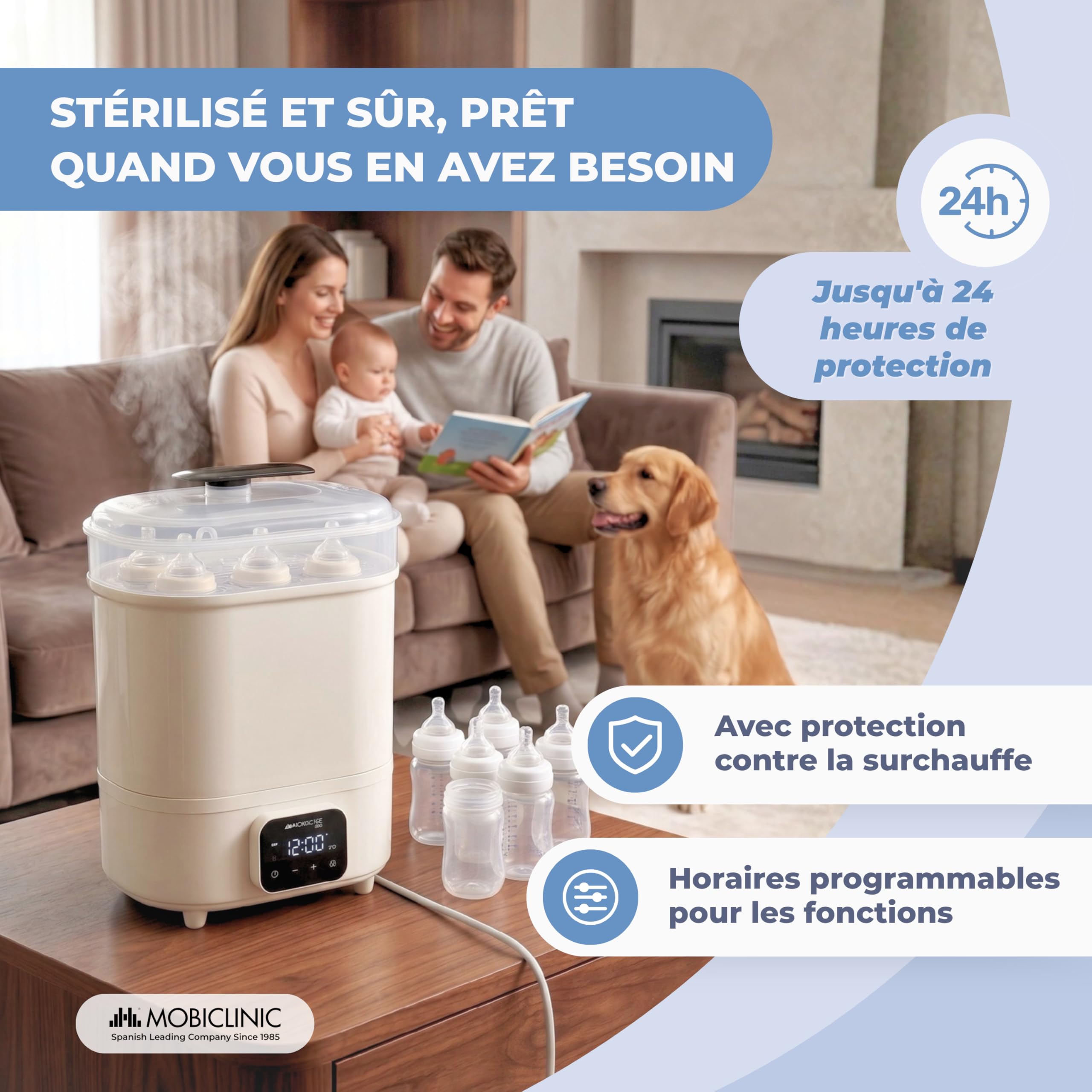 Mobiclinic®, Stérilisateur Biberons, 4 en 1, Jusqu'à 6 Bouteilles, Sèche, Maintient la Température, Mode Automatique, Sucettes et Tire-lait, Écran LCD, Compact, Mobibi