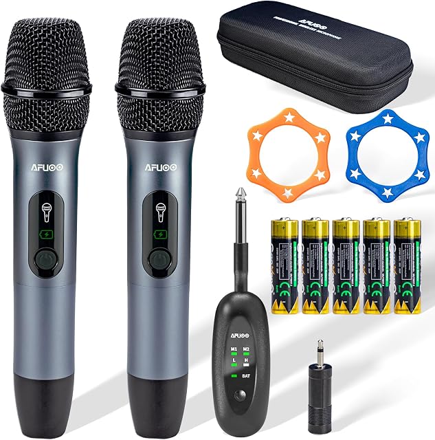 Wireless Microphone Set for Singing, Speeches & Karaoke, 2.4GHz Dual-Mic Receiver, 200ft, Storage Bag Included, Metal Cordless Mic 2 Pack for Karaoke Machines, PA Systems, PartyBox, Gray-Blue