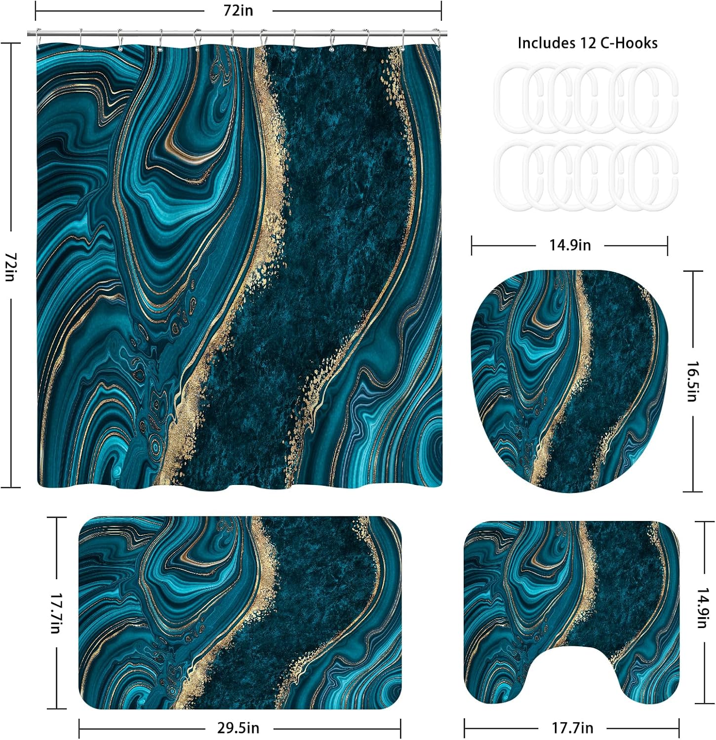 4PCS Teal Blue Gold Marble Shower Curtain Sets with Rugs, Abstract Bathroom Sets with Shower Curtain and Rugs, Modern Bathroom Curtains Shower Set with Accessories for Bathroom Decor