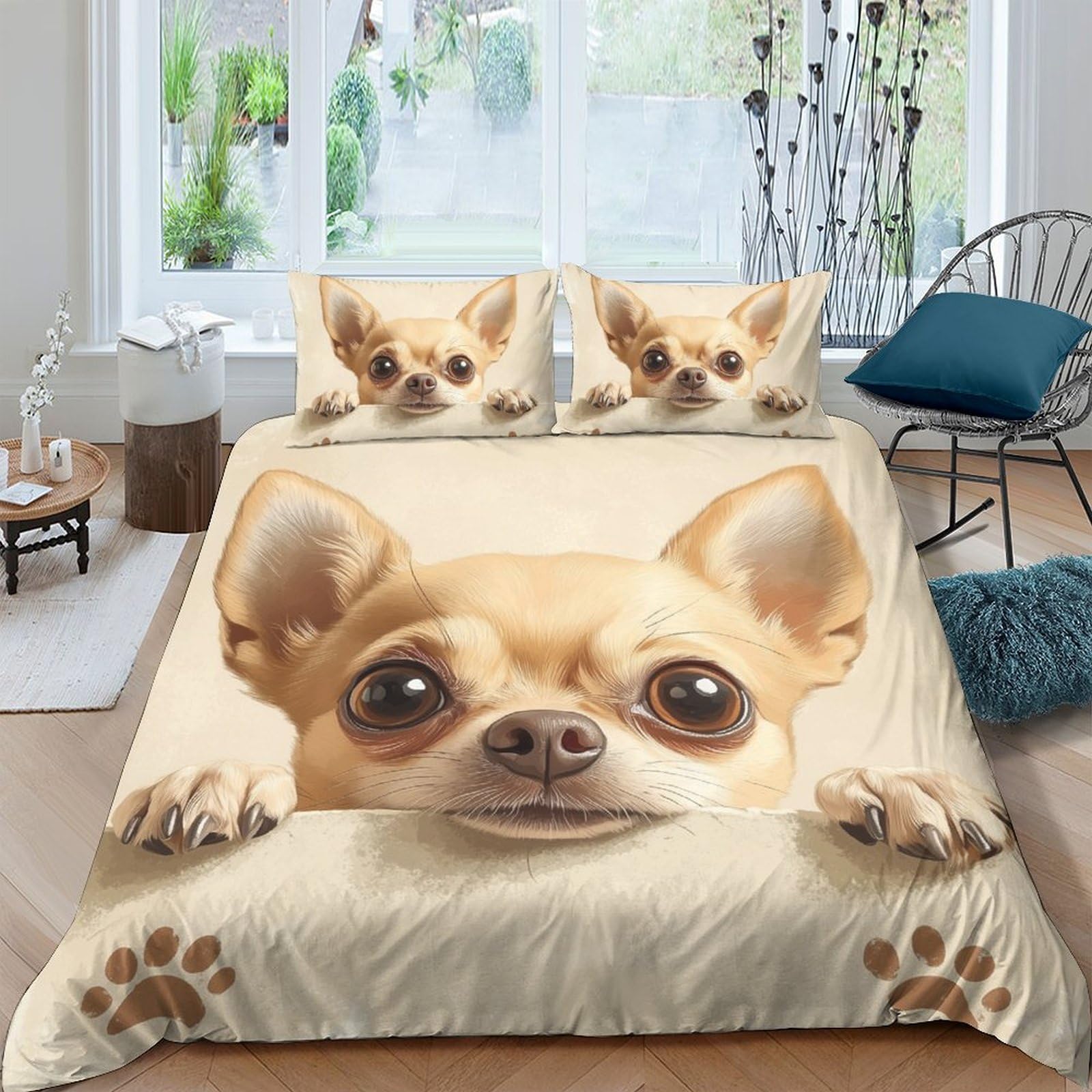 Ctjqhvkz Style-1 3D Printed Chihuahua Dog Fitted Sheet Microfiber Soft Beige Animal Bed Sheet For Bedroom Guest Room Decor Protection Single（135X200cm）