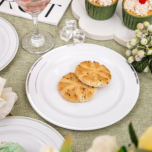 Miniatura 5 de Nervure 140 platos de plástico dorado festoneado y cubiertos de plástico dorado con mango blanco 40 platos, 20 tazas, 20 tenedores, 20 cuchillos, 20