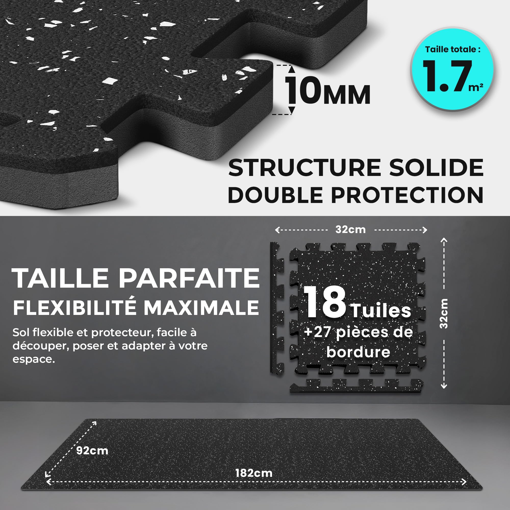 bemaxx Tapis de Sport - 18 Dalles en Mousse + Caoutchouc + Bordures | Tapis de Sol Matelas Puzzle pour Fitness Gym Musculation Salle de Sport Garage | Isolation Contre Coups, Bruits, Éraflures