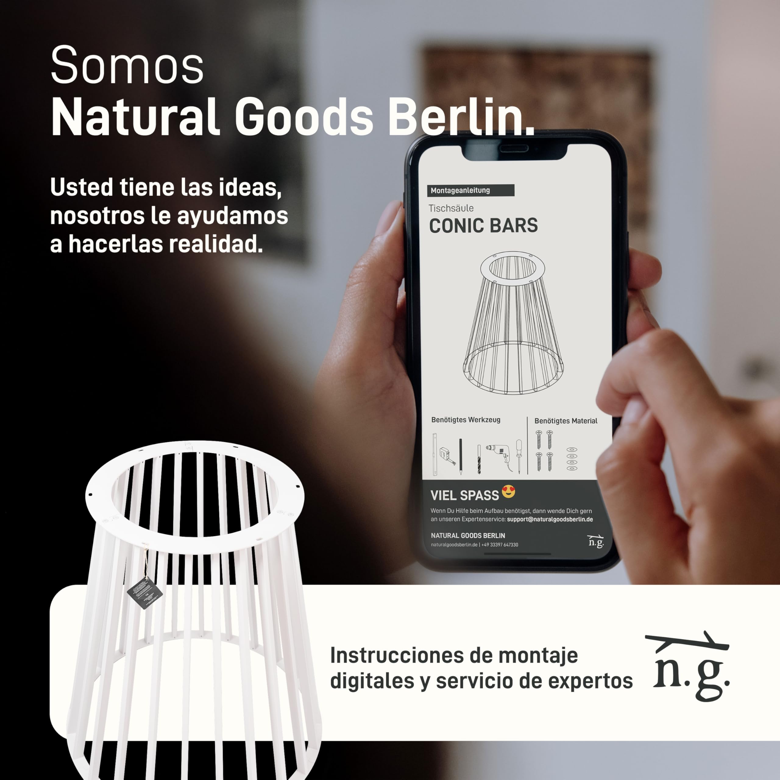 Natural Goods Berlin Columna de mesa Conic Bars patas de mesa de metal blanco – 720 mm x 700 mm – Estructura de mesa redonda – Patas de mesa para tablero de cristal ovalado – Patas de metal