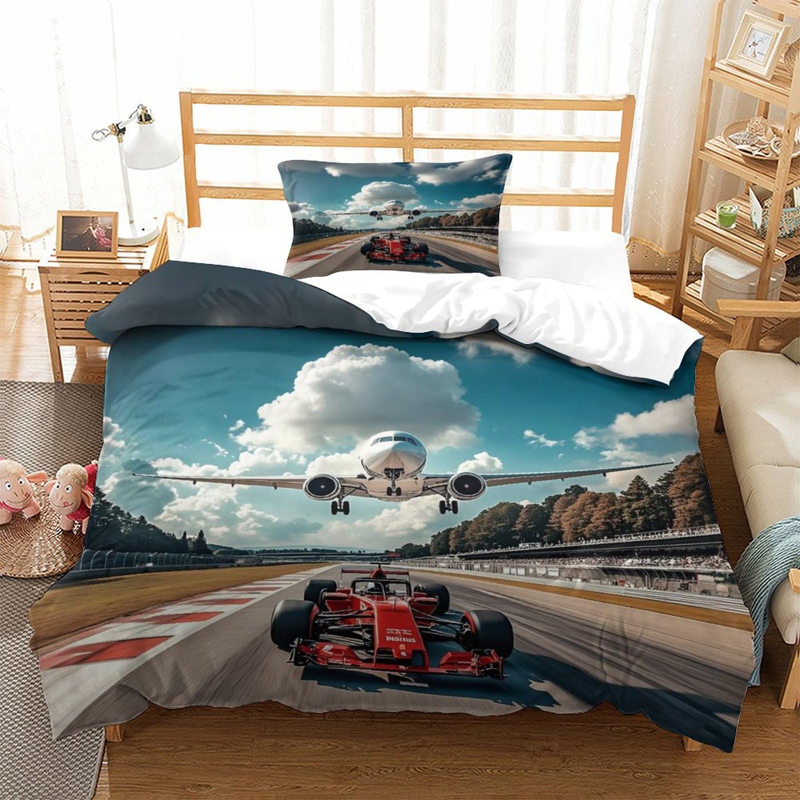 LILIlaobiao Ferrariii Warmth to Sleep Comforter Cover Hidden Zipper Formula racing Duvet Cover Set with Pillowcases Bedding Set Soft Microfiber Luxury Quilt Cover Set Single（135x200cm）