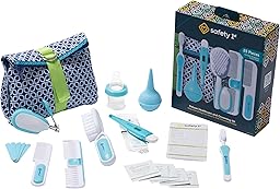 Safety 1st Deluxe Healthcare & Grooming Kit – Baby Essentials Set with 3-in-1 Thermometer, Nasal Aspirator, Nail Clippers, Medicine Dispenser, Brush & Comb, and More - Arctic Blue