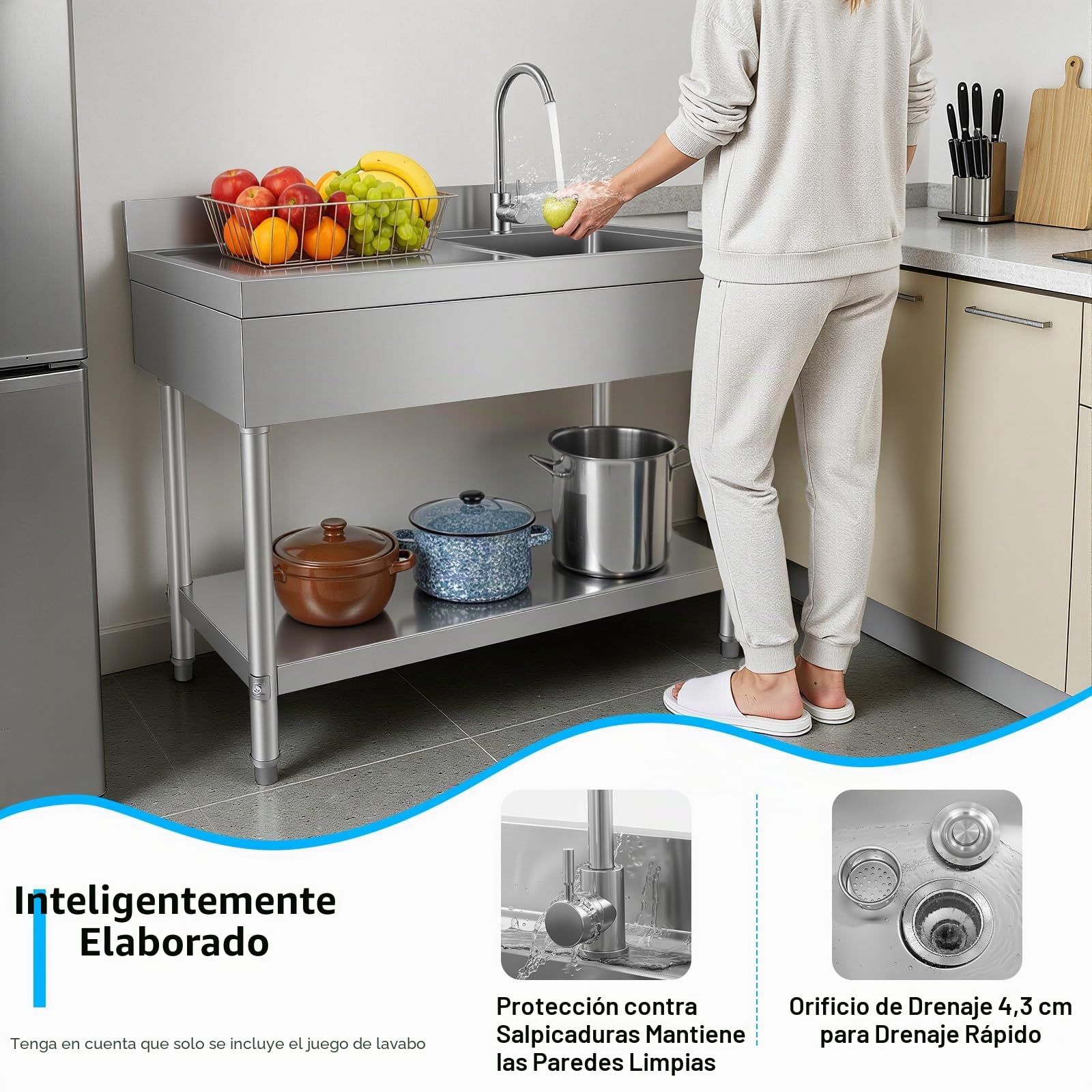 Fregadero de cocina independiente con mueble bajo fregadero y grifo, lavabo exterior, fregadero de acero inoxidable para restaurante, lavadero y garaje, 1000 x 600 x 800 mm