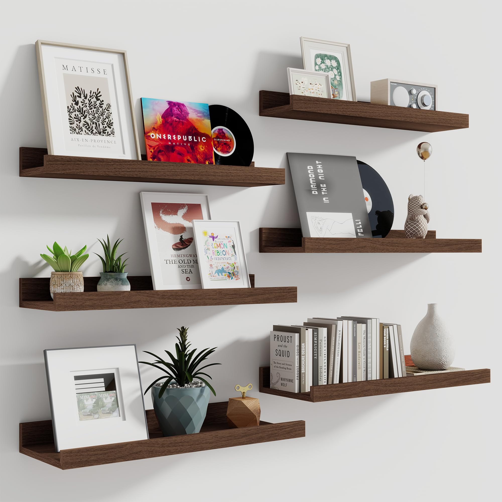 Fun Memories Picture Ledge Shelf, 16 Inch Long Floating Shelves Set of 6, Picture Shelf for Wall with Lip, Large Nursery Book Shelves for Storage, Wall Shelves for Living Room Bedroom Kitchen, Walnut — image 1