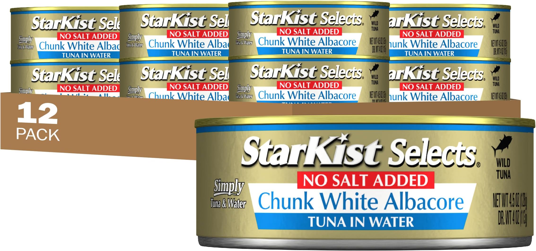 StarKist Selects No Salt Added Chunk White Albacore Tuna in Water, 4.5 oz (12 Pack) Canned Tuna Fish, Wild Caught, Gluten Free, Ready to Eat, Perfect for Salads, Keto Meals & Snacks, 30g Protein