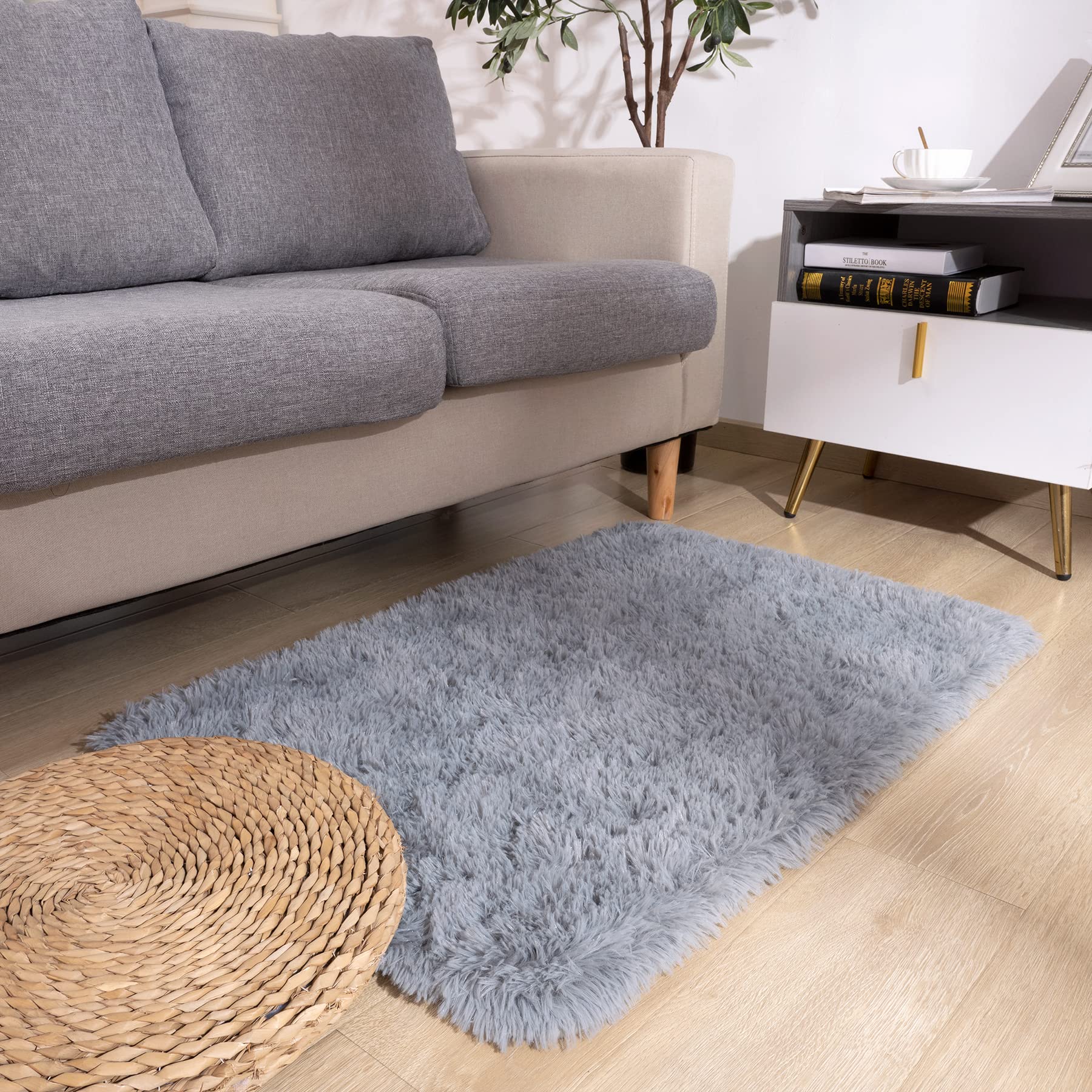DETUM Grey Small Rug 2X3 Fluffy Rugs for Bedroom Kicthen Entryway Hallyway Washable Gray Area Rug Super Soft Throw Rug Room Decor Plush Rugs Kids Room
