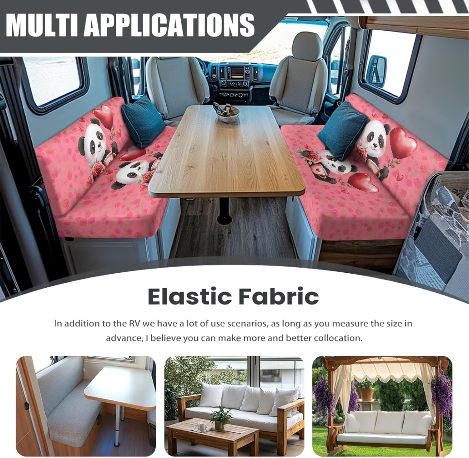 Rv Dinette Cushion Covers Set of 2 Valentine's Day Panda Slip Covers for Rv Furniture Smooth Printed Camper Cushion Slipcover for Sofa, Couch, Bench, RV Seat