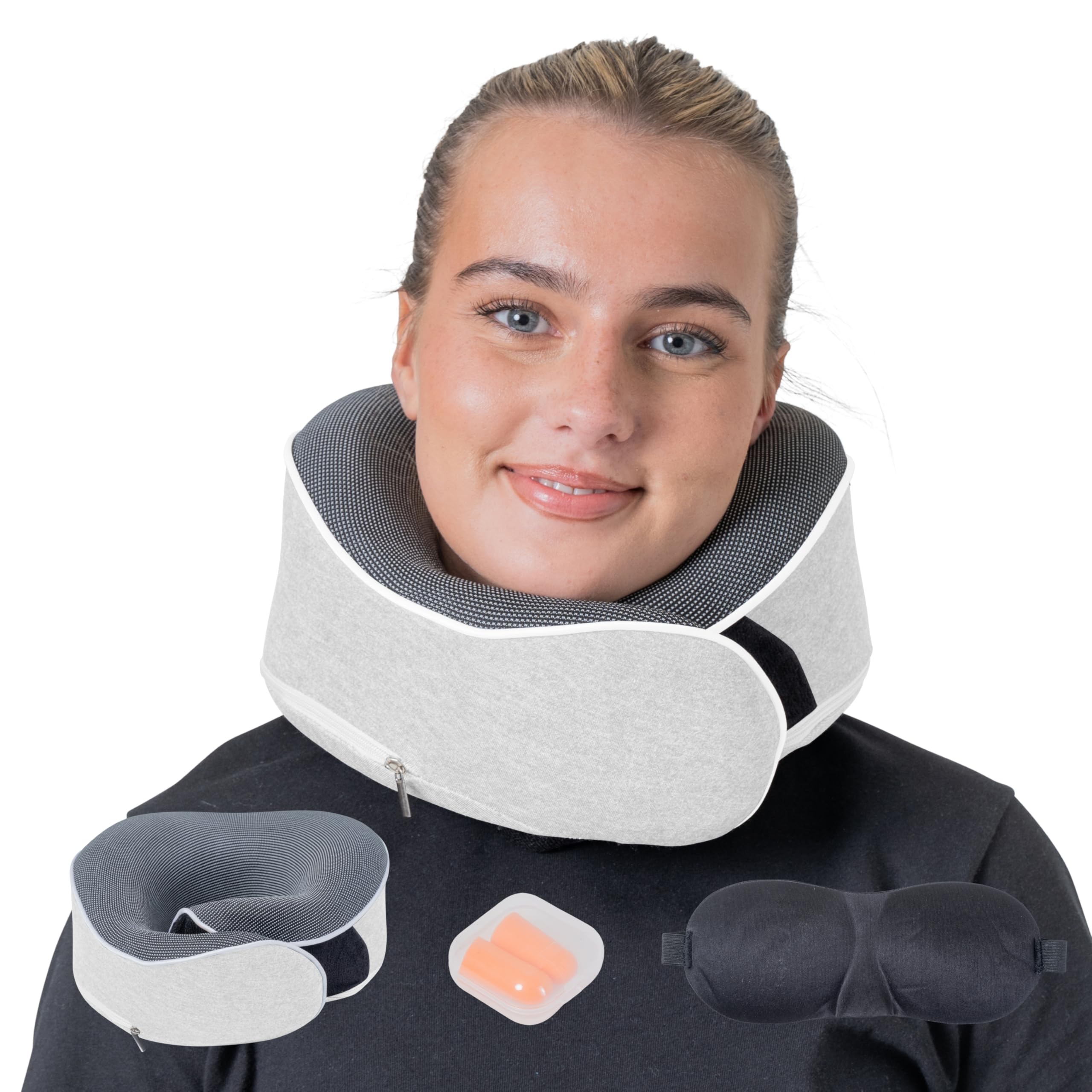 Relaxd Travel Pillow for Adults | Adjustable Memory Foam Neck Pillow for Travel | 360 Degree Neck Support | Removable Pillow Case | Includes Eye Mask, Earplugs, Travel Bag | Light Grey | UK Brand
