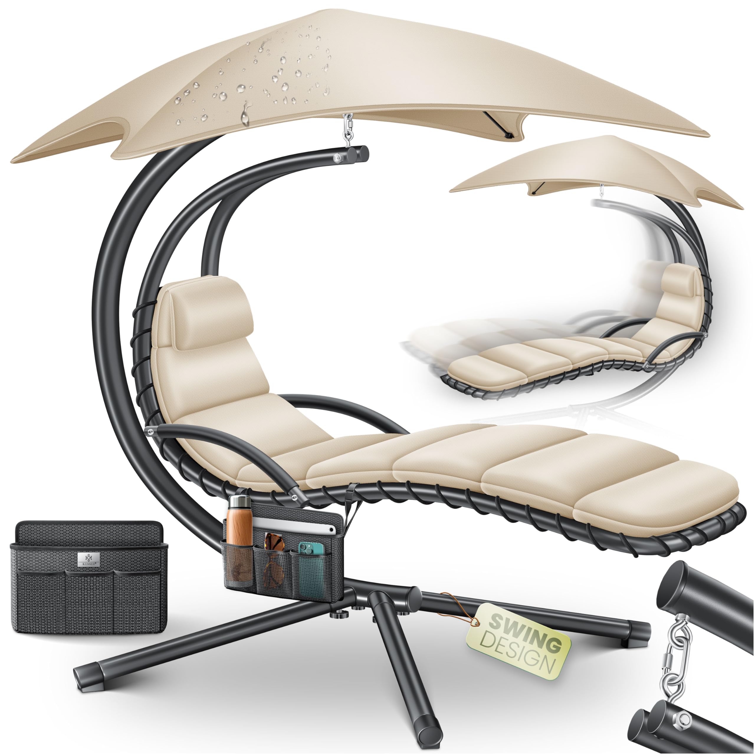KESSER® Leżak wiszący z parasolem przeciwsłonecznym, wys. 200, dł. 194, szer. 100 cm, leżak relaksacyjny, hamak, obciążenie do 120 kg, leżanka bujana, poduszka na kark, w zestawie torba, Beżowy
