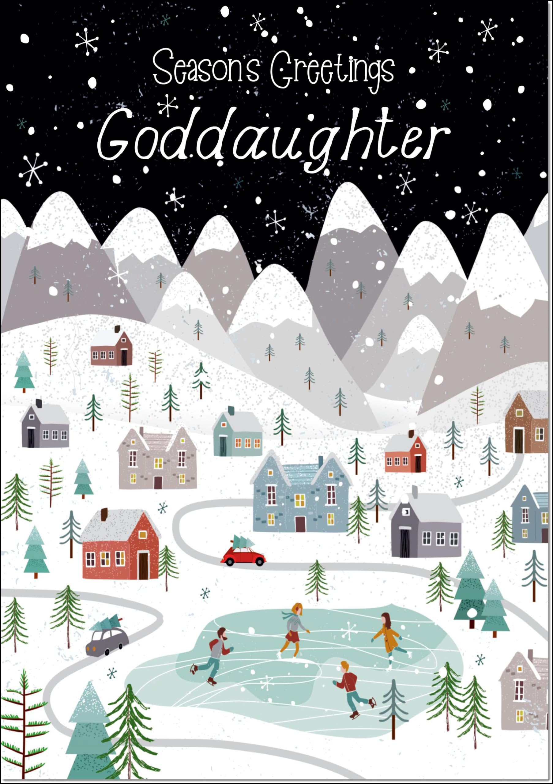 doodlecards Goddaughter Christmas Card Mountain Scene In Snowy Village Large A4 Size Christmas Card for Goddaughter with Plain Envelope — image 1
