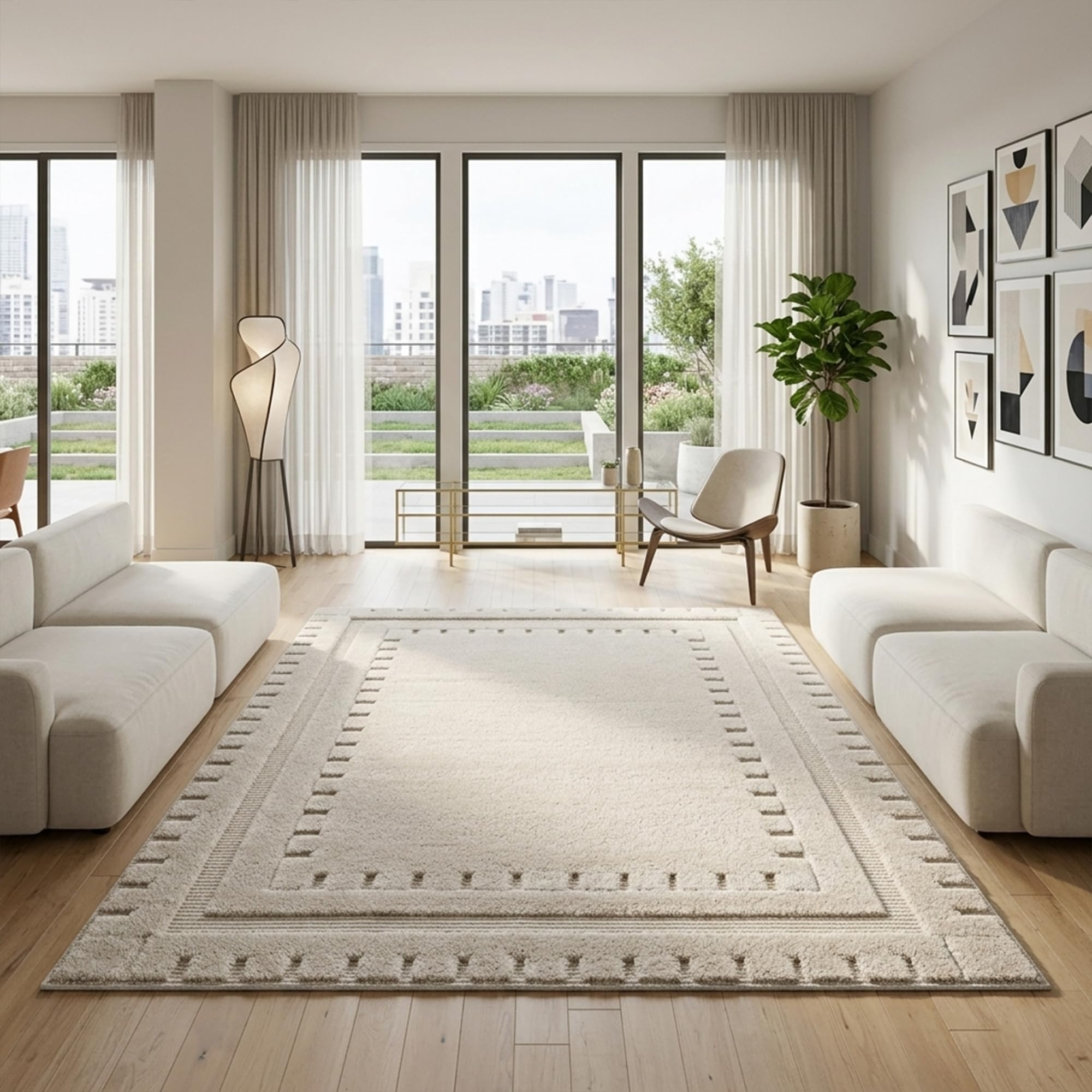 Rugs Haven Serenity Border Rug - Large Fluffy Area Rug Carpet Washable Soft Modern Indoor Shaggy Floor Rug for Living Room, Bedroom, Hallway, Lounge (Beige D1, 120x170 cm)