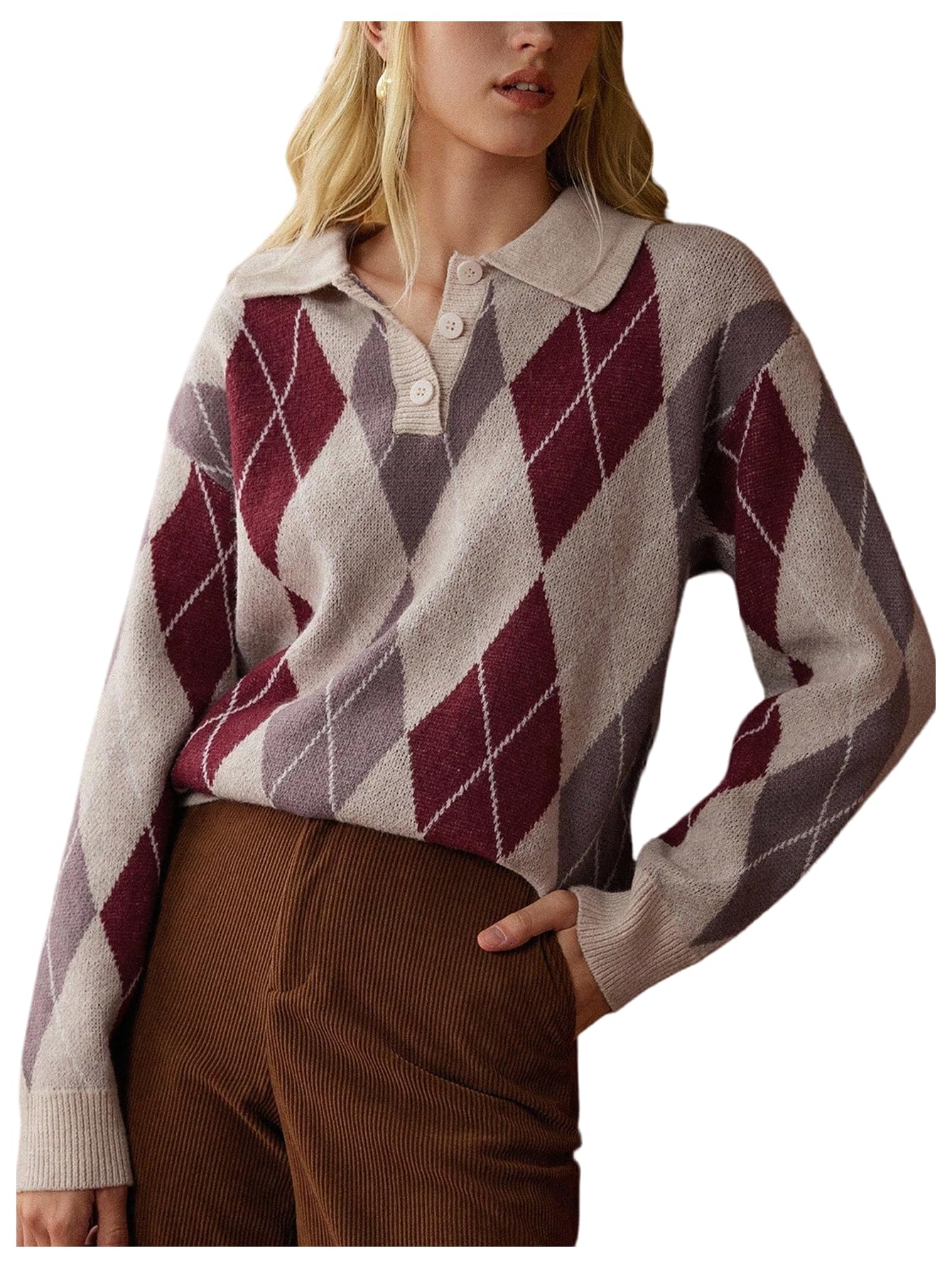 GORGLITTER Womens Argyle Sweater Half Button Collared Long Sleeve Vintage Fall Trendy 2025 Preppy Pullover Sweaters