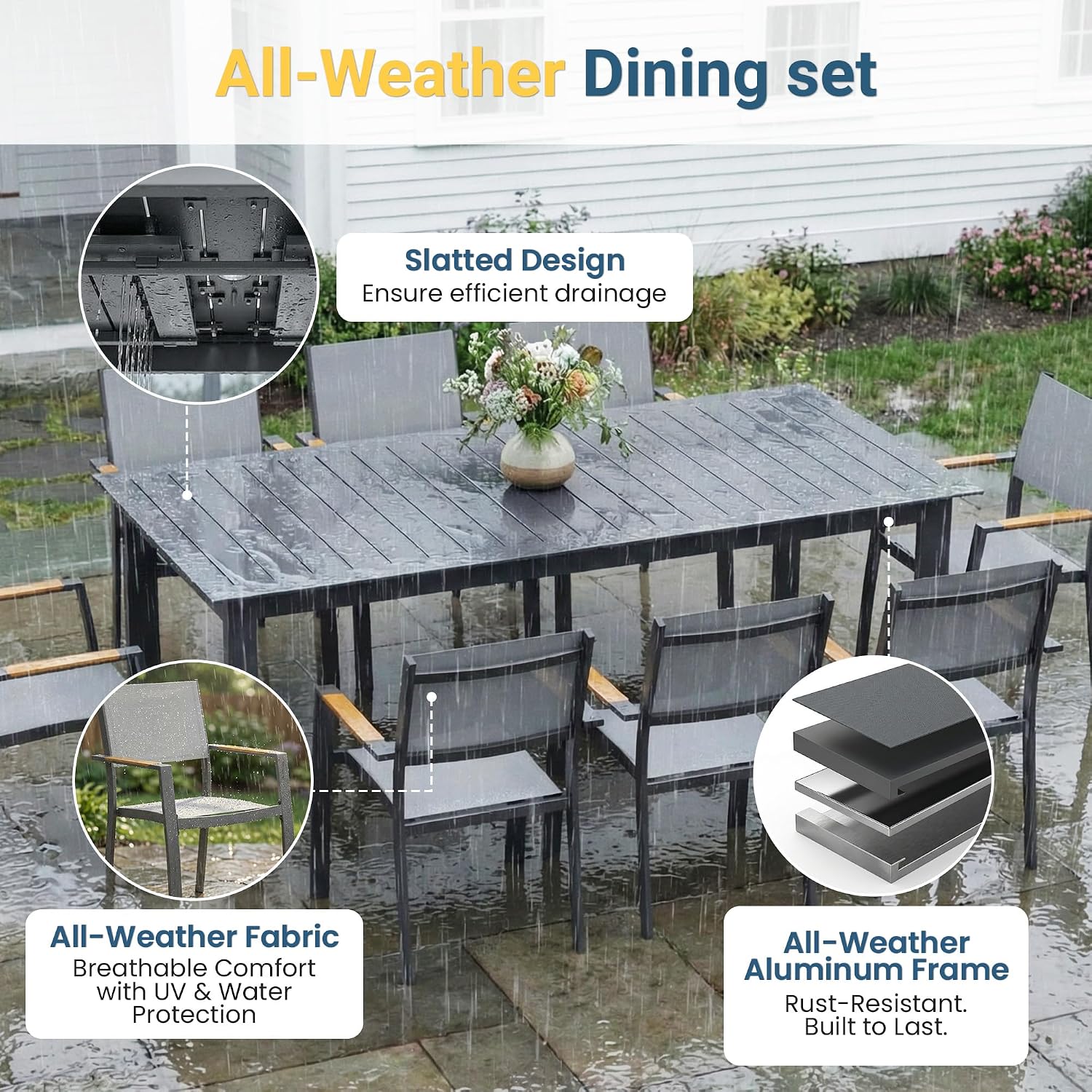 Wisteria Lane 9 Piece Aluminum Outdoor Dining Sets with 3-Adjustable Length Dining Table, 121" L×39.4" W Expandable Patio Table and Chairs Set for 8, Stackable Chairs with Quick Drying Fabric, Grey