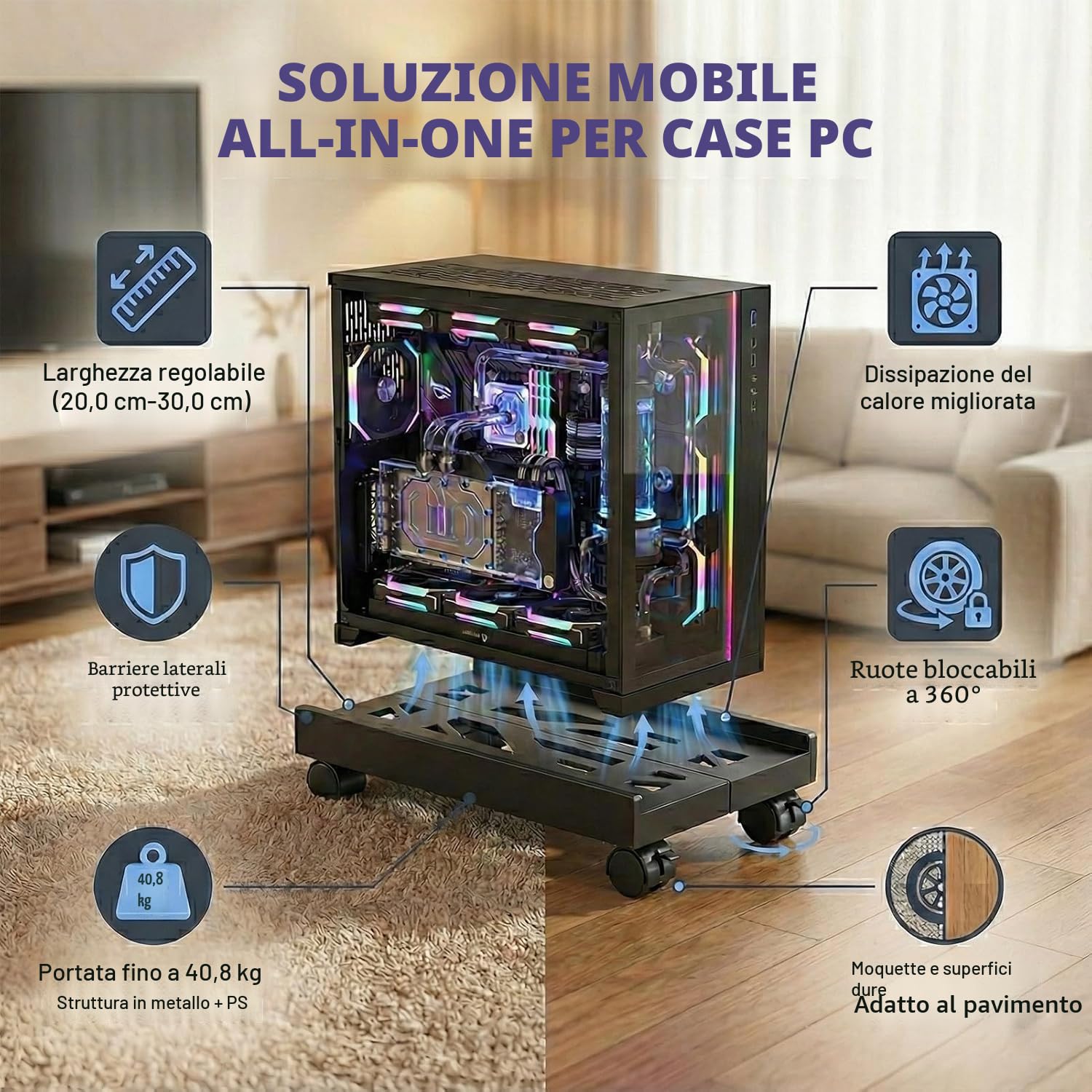 Supporto PC Fisso, Carrello Porta pc con 4 Ruote Girevoli, Universale CPU Tower Holder Cart, Regolabile Supporto per Computer Desktop, per la Casa e L'Ufficio(Nero)