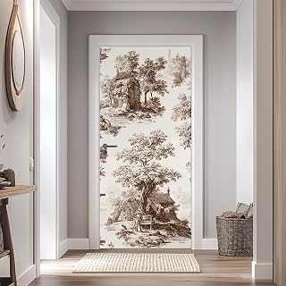 Brown Toile De Jouy 3D Door Stickers Peel and Stick, French Country Murals Removable Waterproof, Rustic Pastoral Door Decals Vinyl Wallpaper for Bedroom Home Decor 39.3"x82.7"