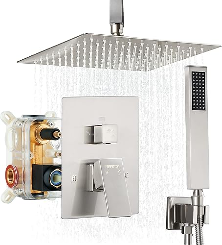 Fransiton Sistema de ducha de níquel cepillado de 10 pulgadas, sistema de ducha de lluvia montado en la pared, cabezal de ducha de lluvia con mano,