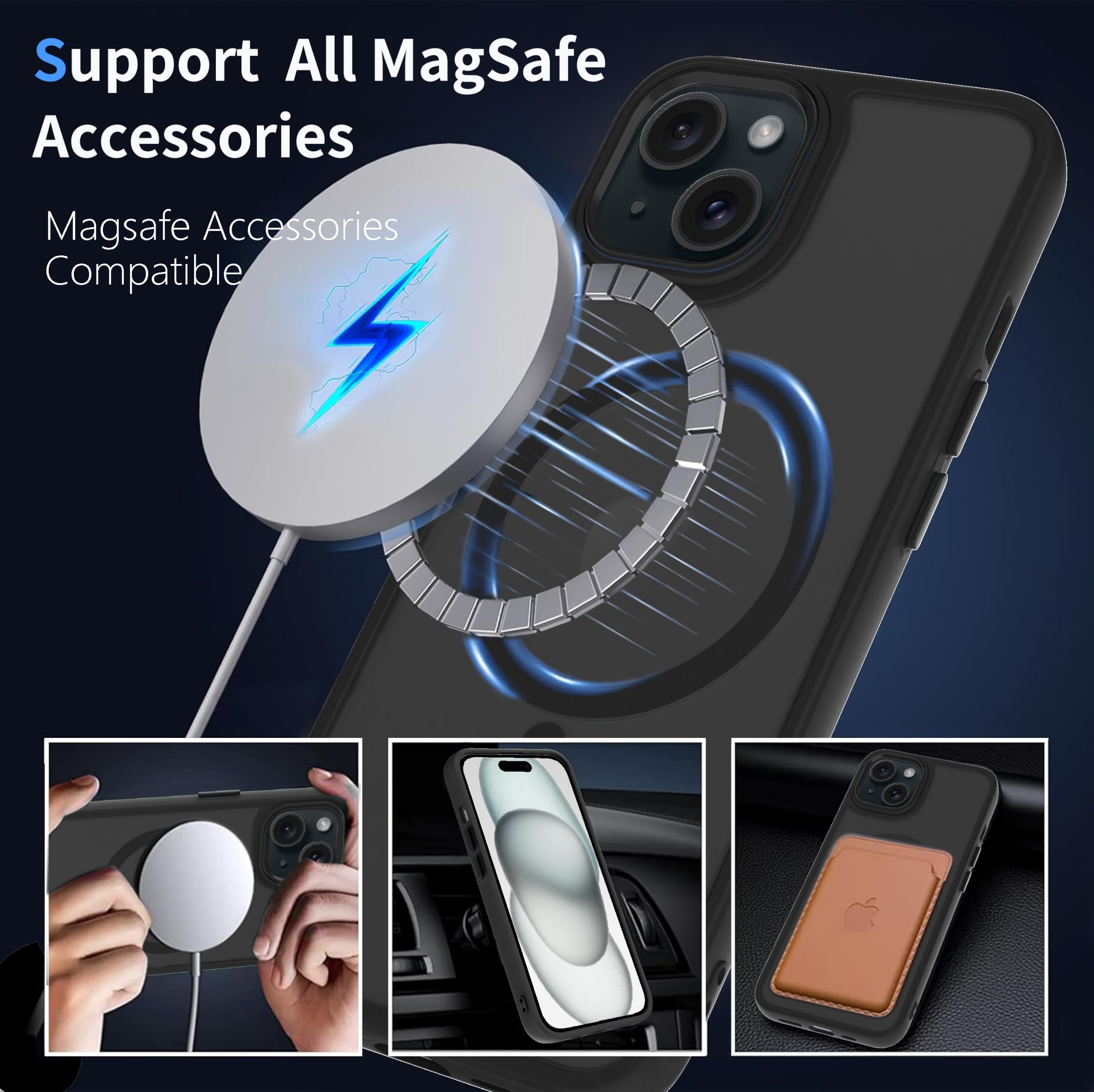 AOMYKE Cover Magnetica per iPhone 15, Custodia iPhone 15 Compatibile con MagSafe, Traslucida Opaca Posteriore Sottile PC+TPU Bumper Antiurto Case - Nero