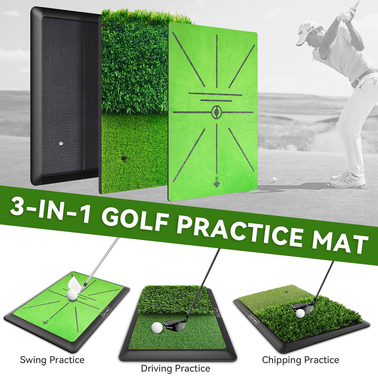 Golf Mat, Practice Outdoor Indoor for Training Chipping Show Swing Path, Hitting Turf Mat with Rubber Backing,Golf Accessories,Gifts for Men/Dad/Husband